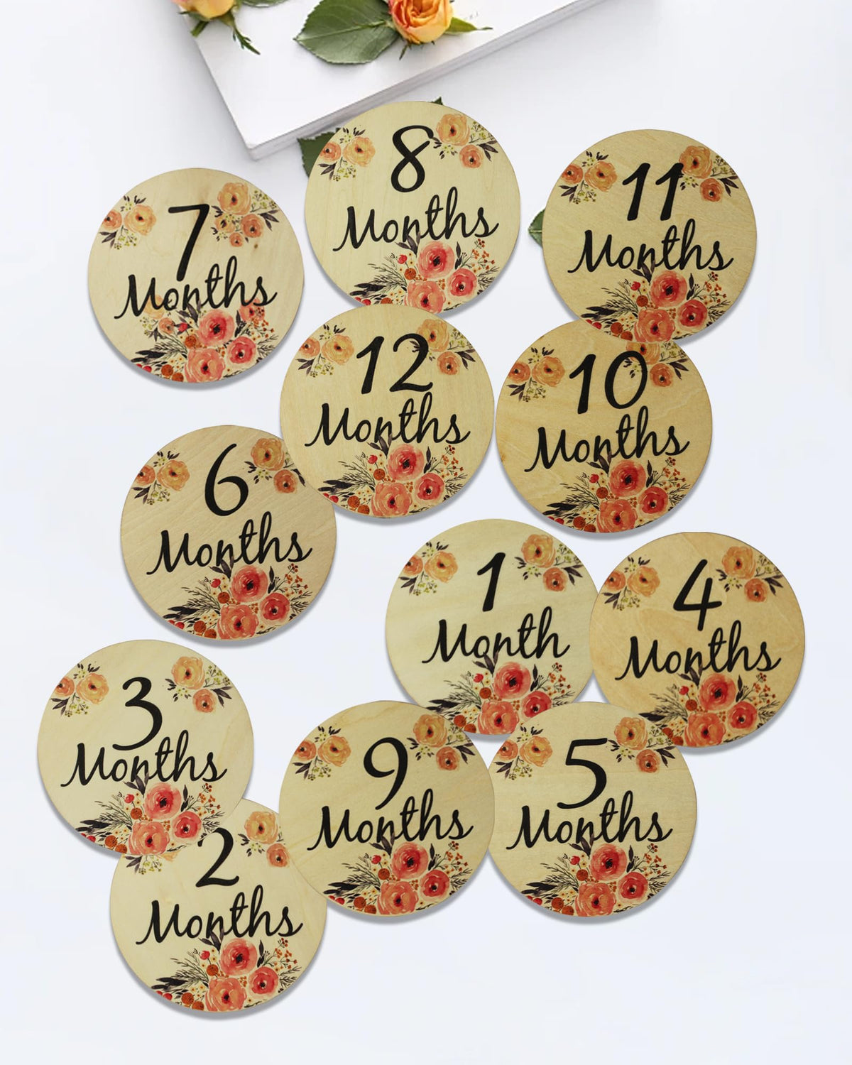 YUYUZSEN baby milestone card wooden circle floral front for elegant newborn photography.