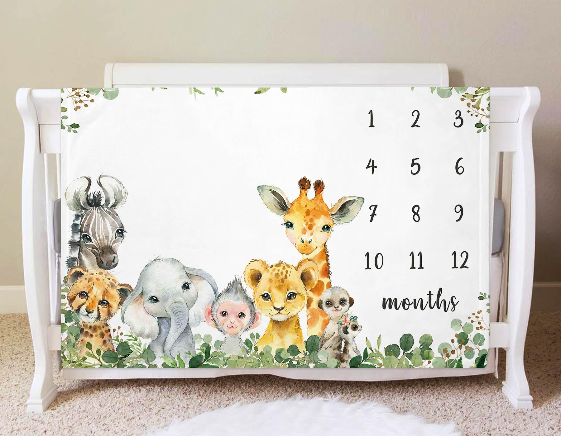 Yuzioey Safari Animals Milestone Blanket used as crib or playmat for relaxed nap times.