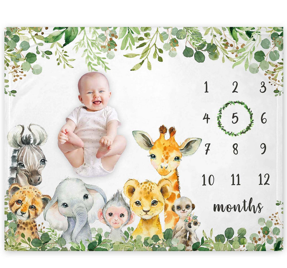 Yuzioey Safari Animals Milestone Blanket front view for baby photography backdrop and growth tracking.