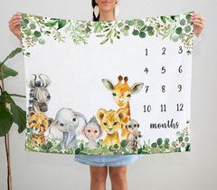 Yuzioey Safari Animals Milestone Blanket as photography background for newborn sessions.