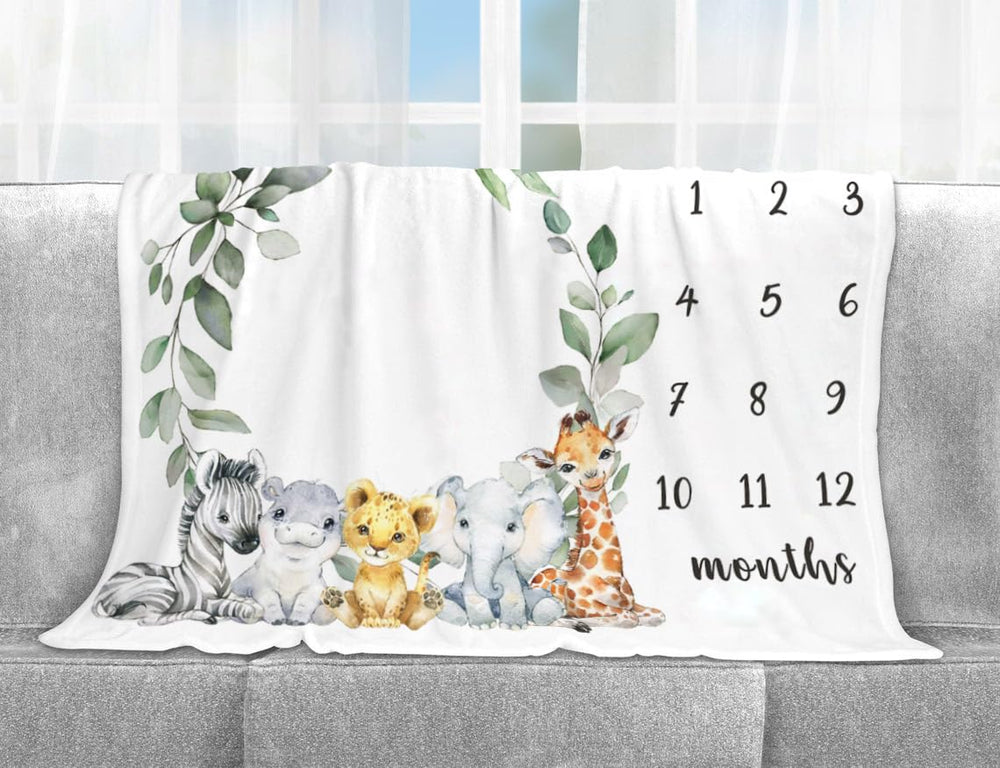 Yuzioey safari milestone marker shown with the blanket for monthly growth keepsake photos.