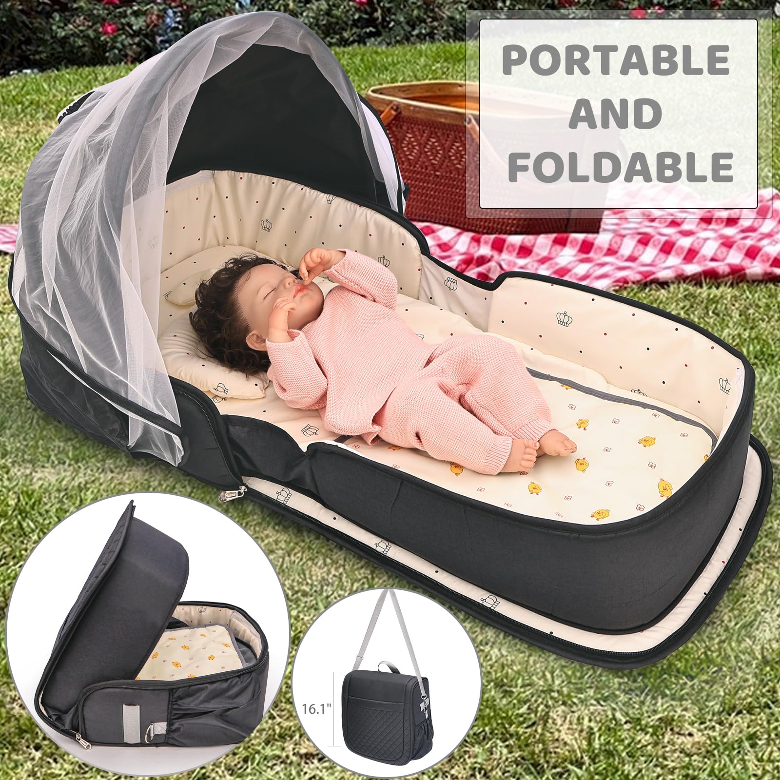 YVMVDV travel bassinet folded into backpack mode for easy travel.