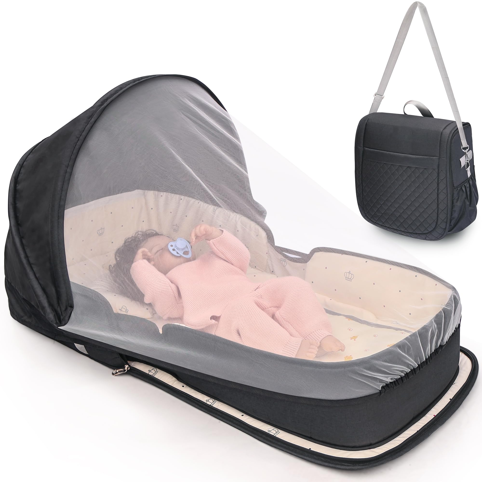 YVMVDV travel bassinet front view with compact fold and breathable fabric.