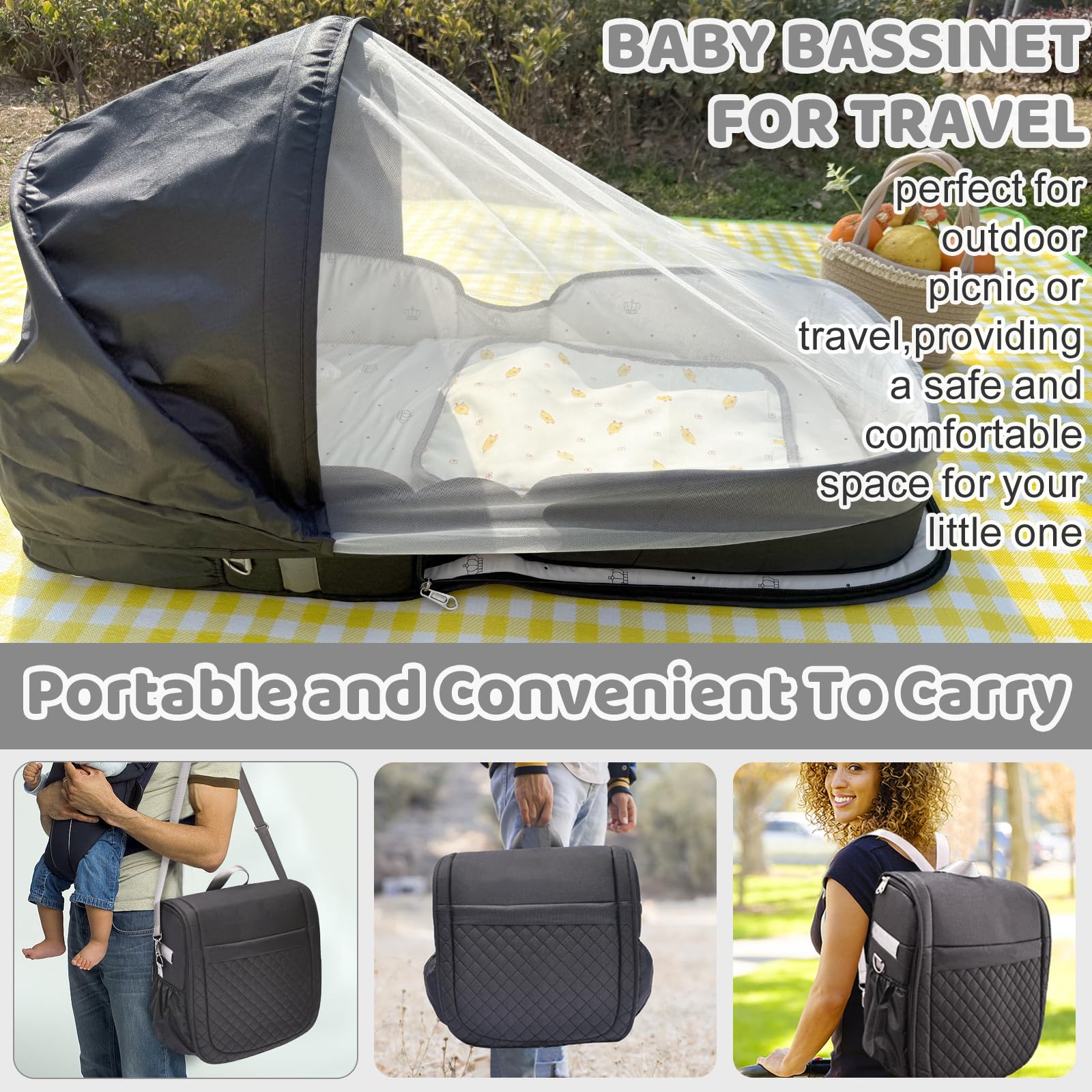 YVMVDV travel bassinet in outdoor park setup for portable nursery.