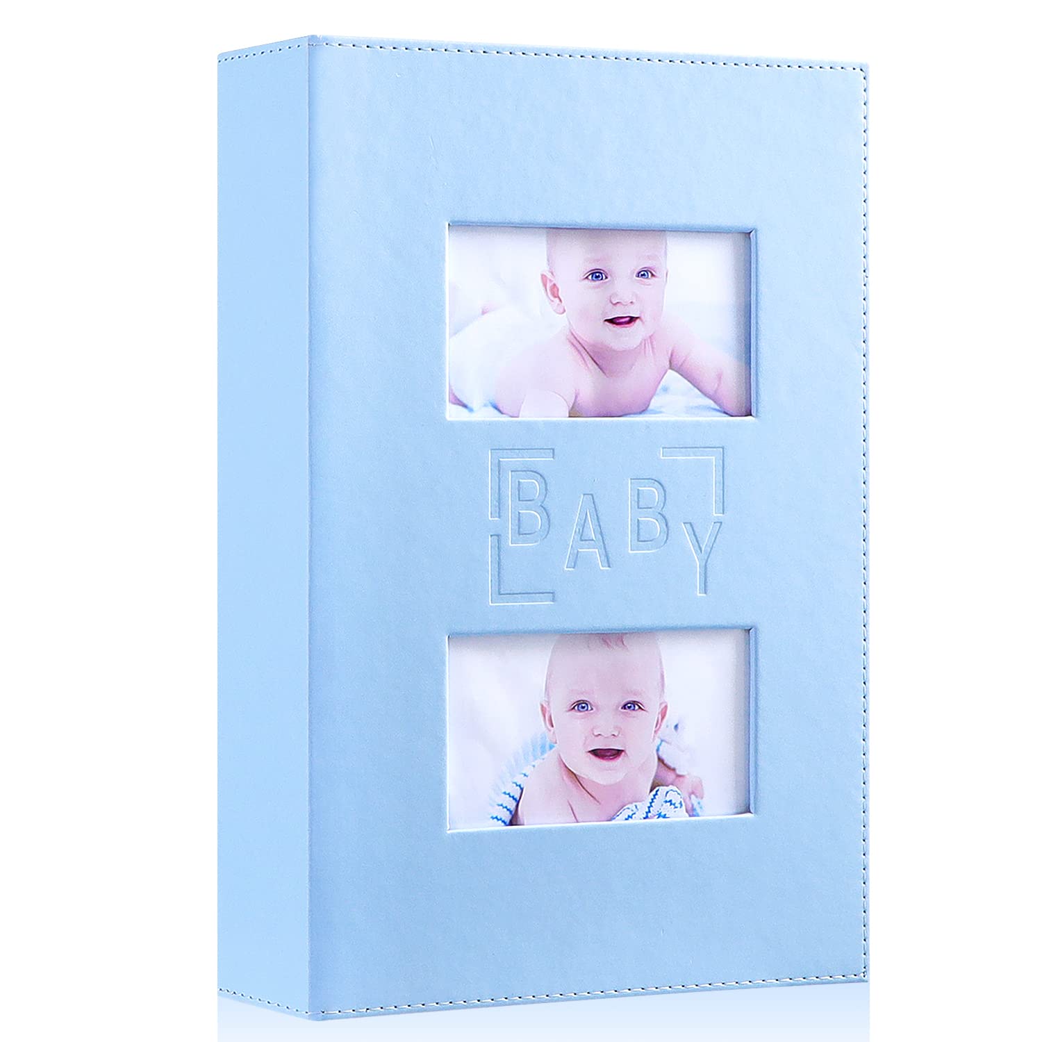 Ywlake baby boy photo album with blue leather cover, front view, ideal keepsake for newborn memories.