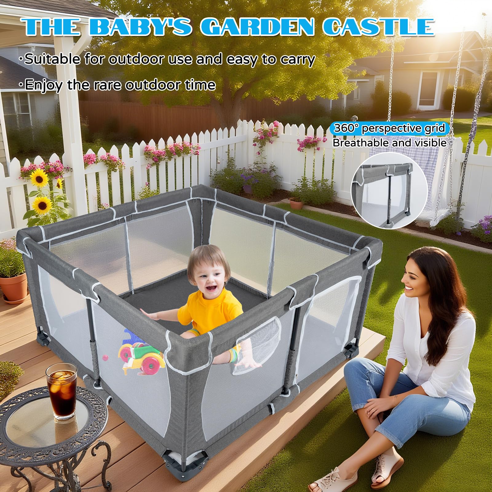 YXHUIFA foldable playpen durable cationic fabric withstands daily use.