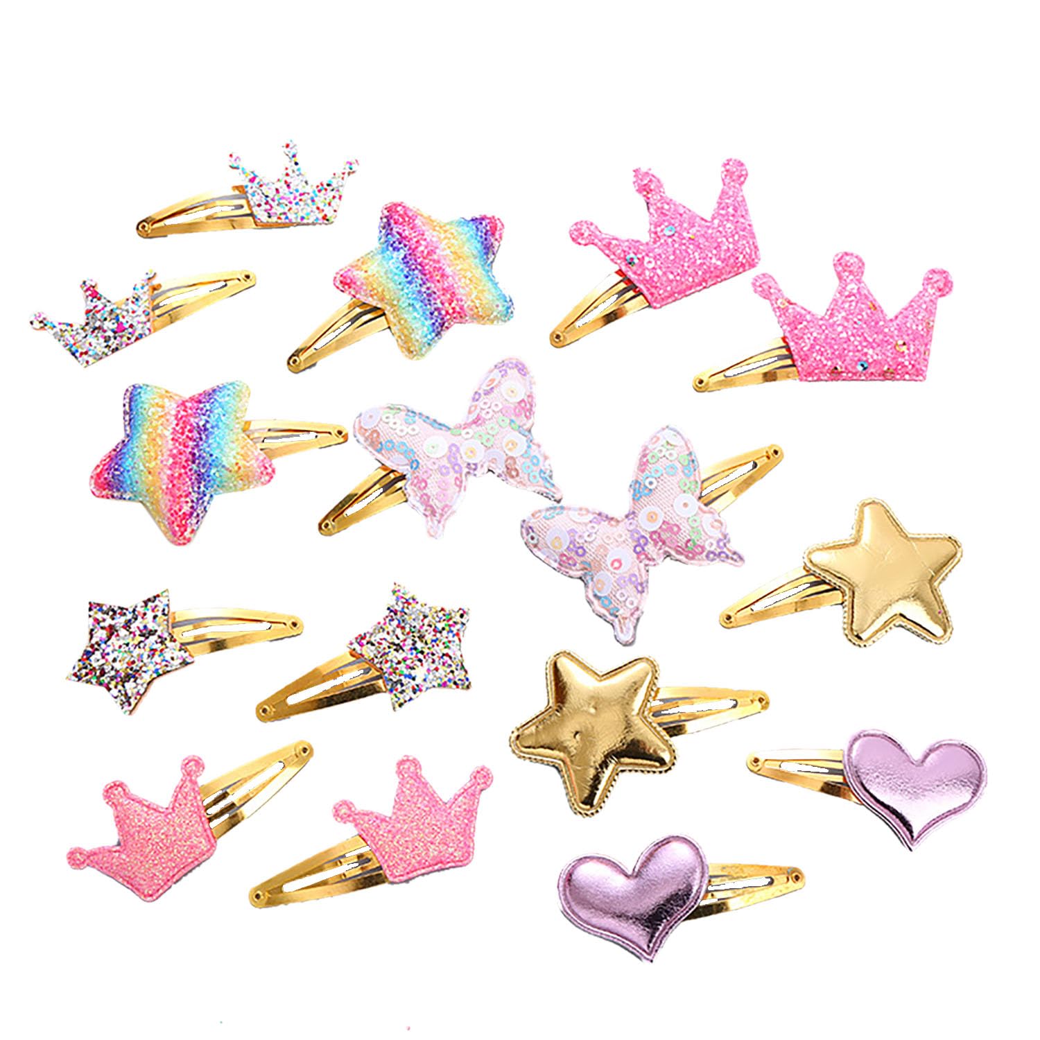 YYaaloa 8-pair shiny hair clips set with star, heart, crown, and butterfly designs