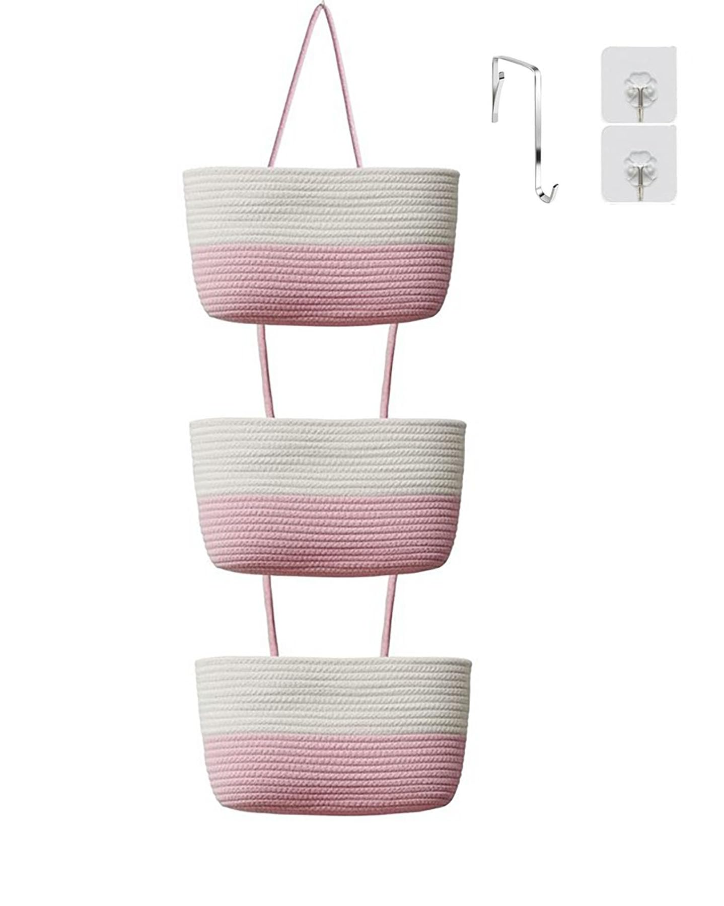 YYaaloa woven cotton hanging baskets over the door provide spacious organization.