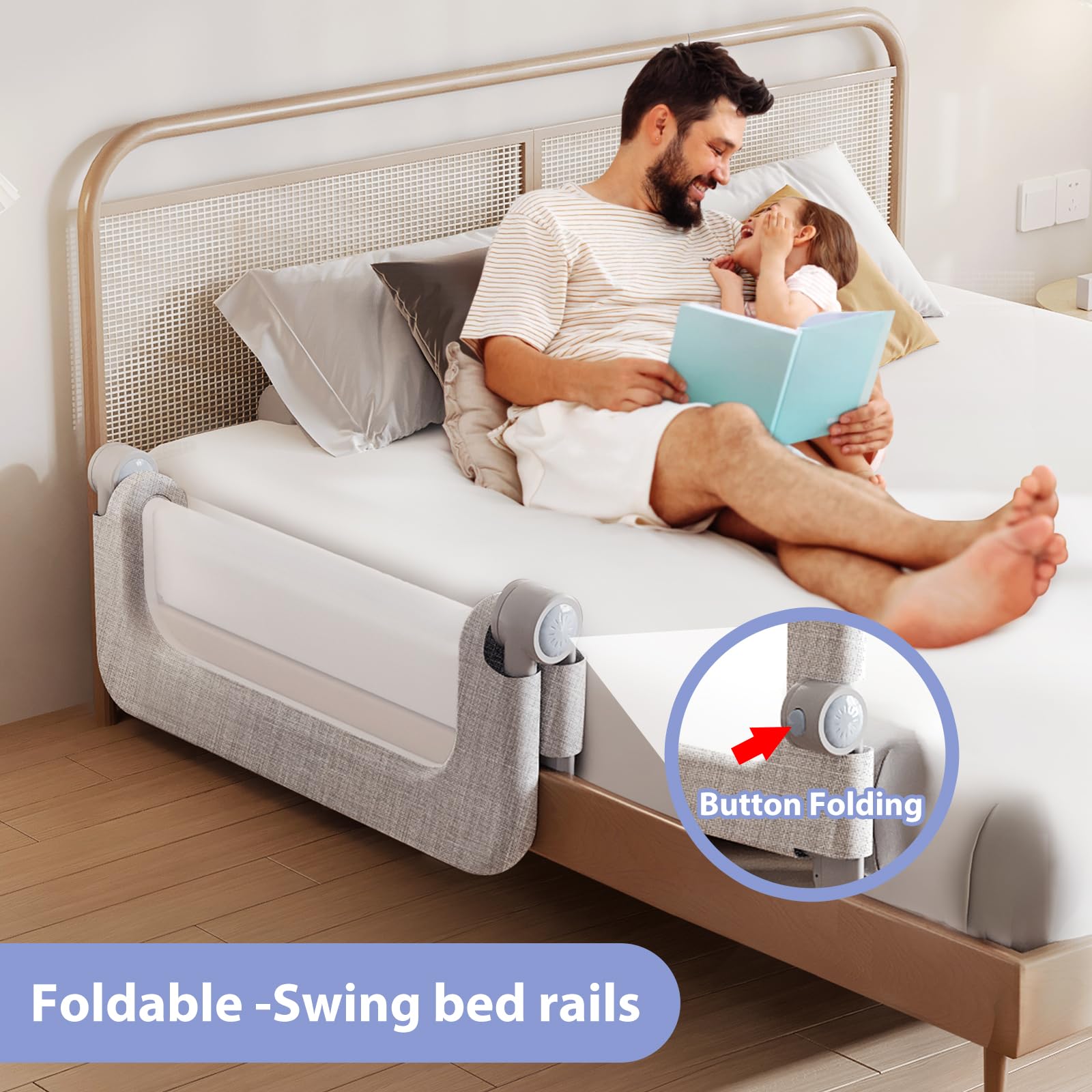 YYAMEA bed rail curved pull-down supports easy in-and-out bedtime routine.