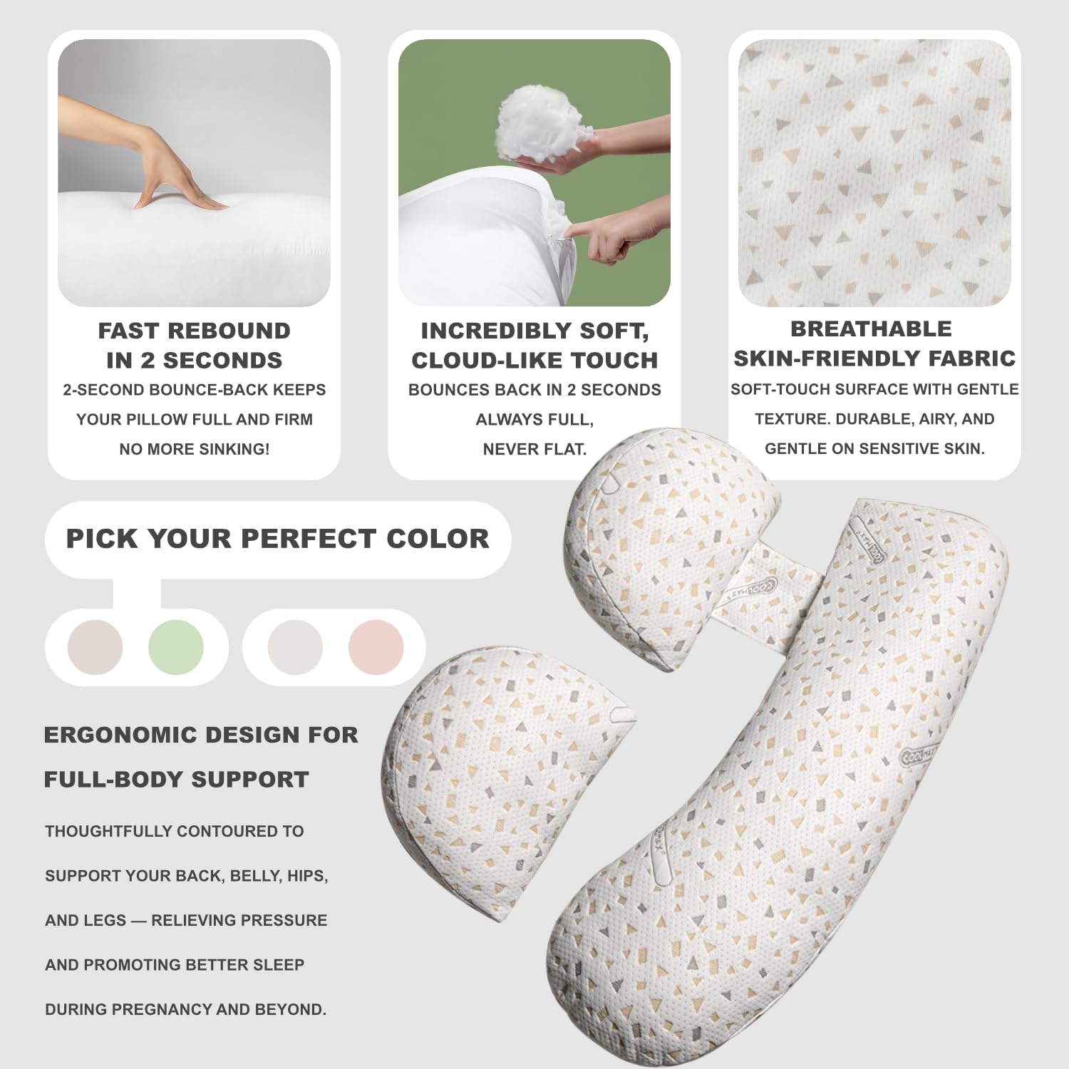 YZCCtixi pregnancy pillow ergonomic design cradles head and belly for alignment.