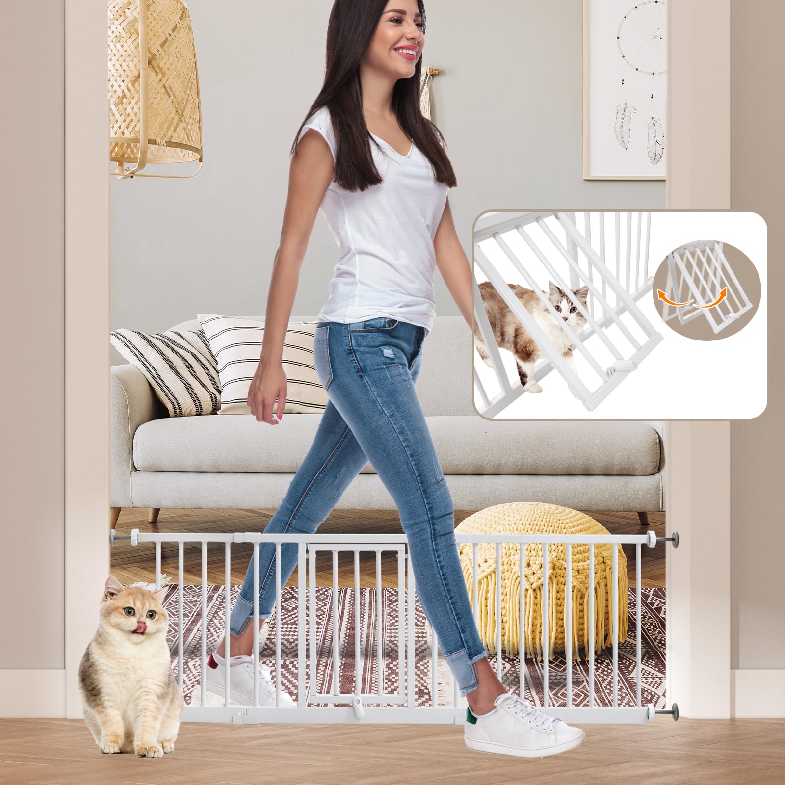 YZHDUXIU white pet gate in doorway blends with home interiors and contains pets.