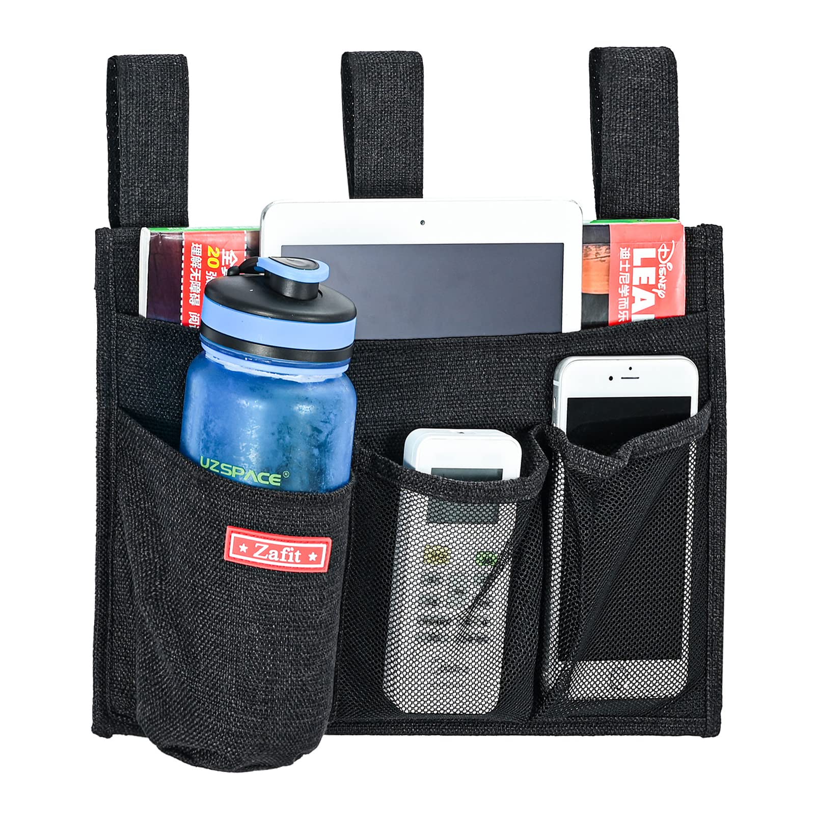 Zafit linen bedside caddy 4-pockets layout keeps essentials organized within reach.