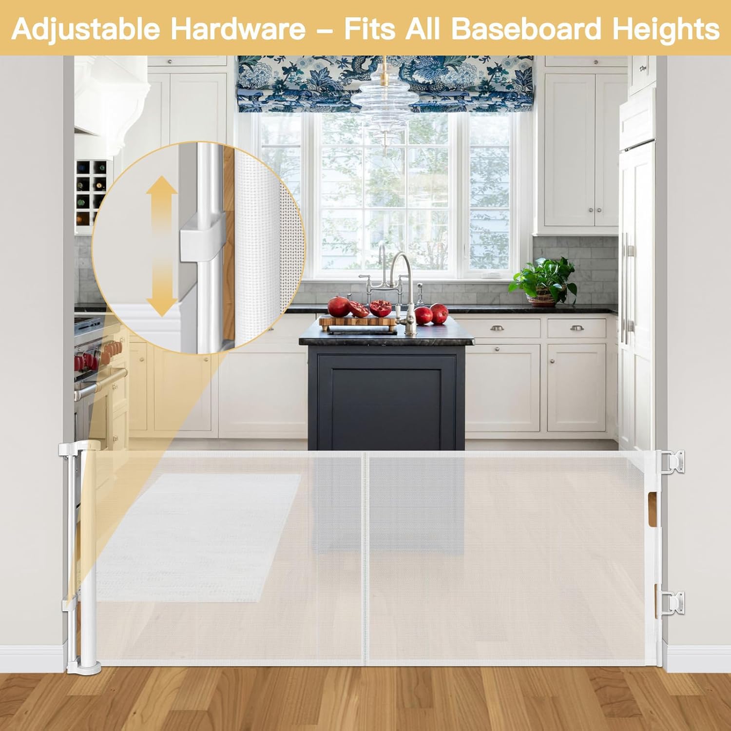 Zaguoroo adjustable hardware enables baseboard-friendly installation in any room.