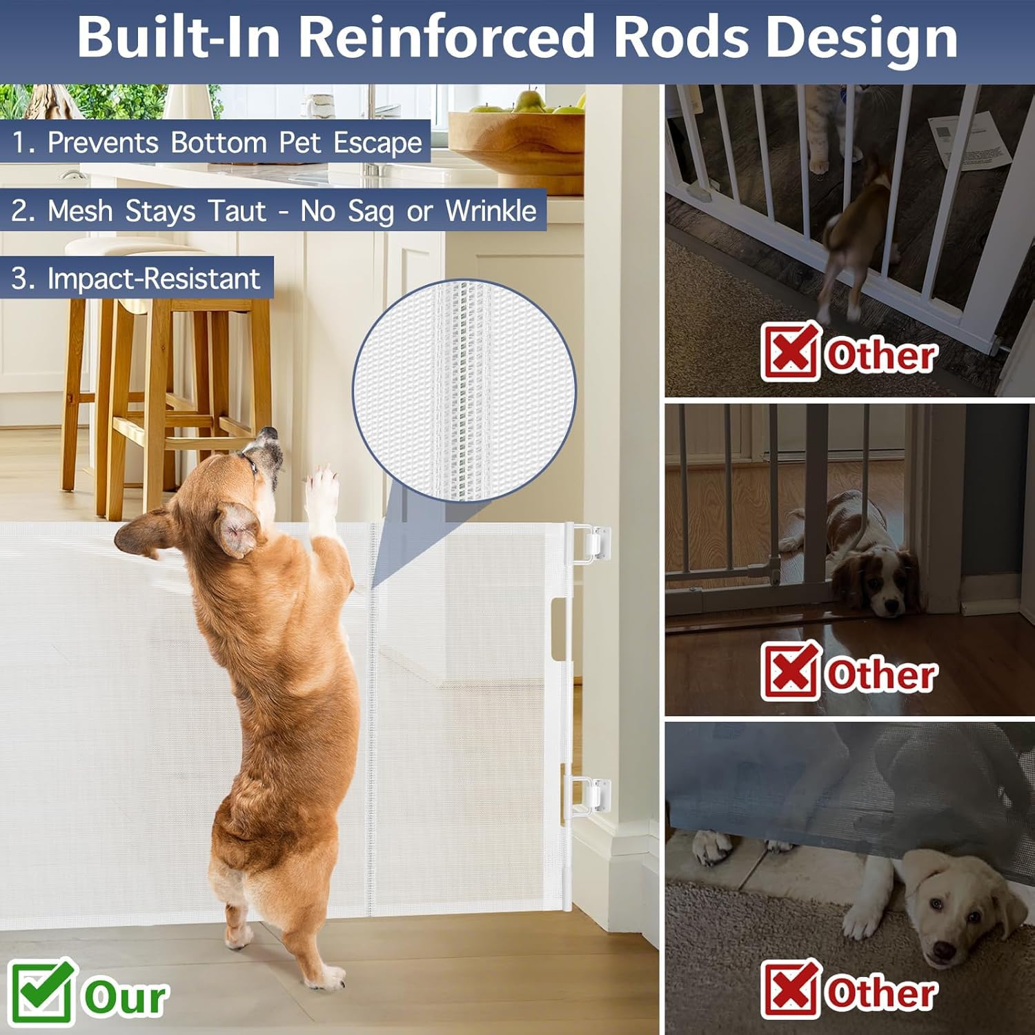 Zaguoroo gate under-escape prevention reinforced rods prevent crawling underneath.