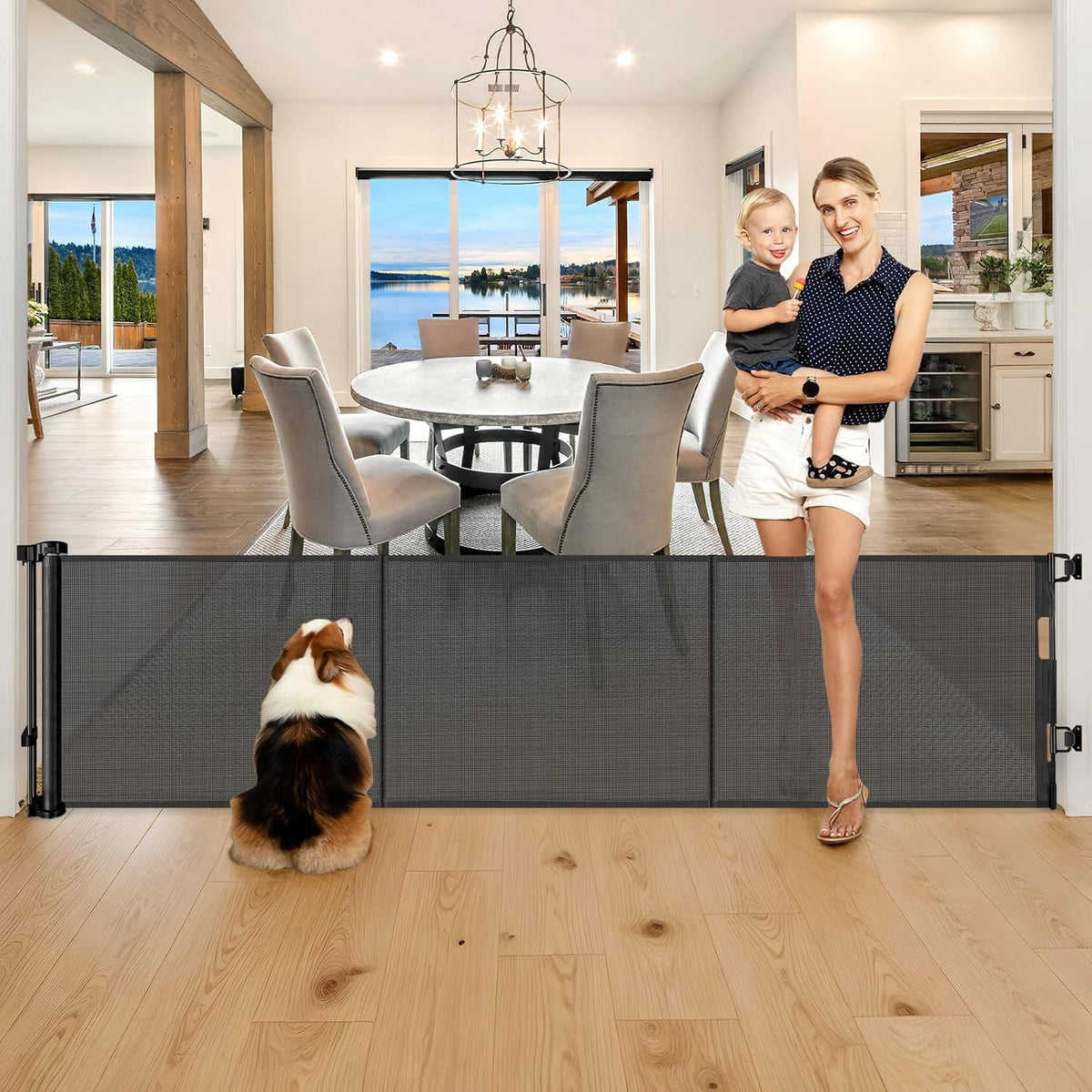 Zaguoroo reinforced 28-inch tall gate extended to 80 inches blocks pets safely at wide openings.