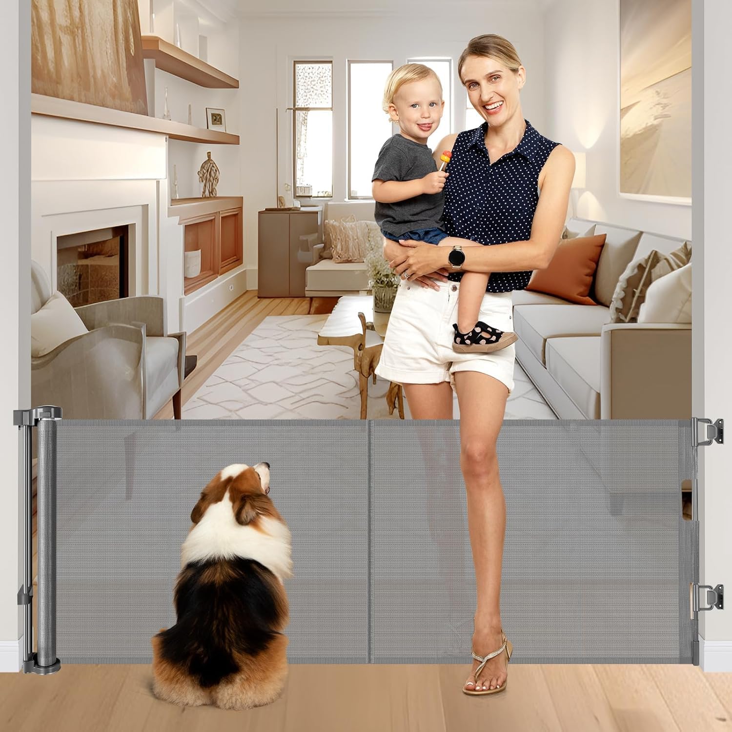 Zaguoroo reinforced 28-inch tall gate, closed, blocks small pets and toddlers.