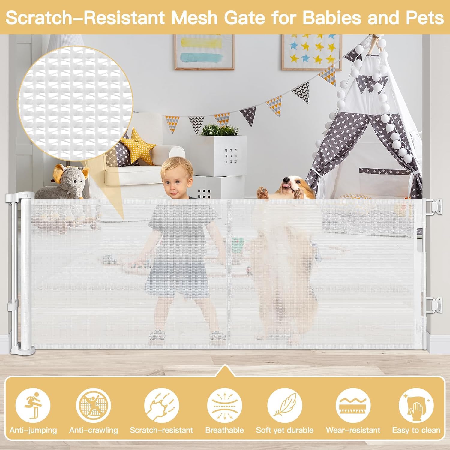 Zaguoroo scratch-resistant mesh protects kids and pets during play.