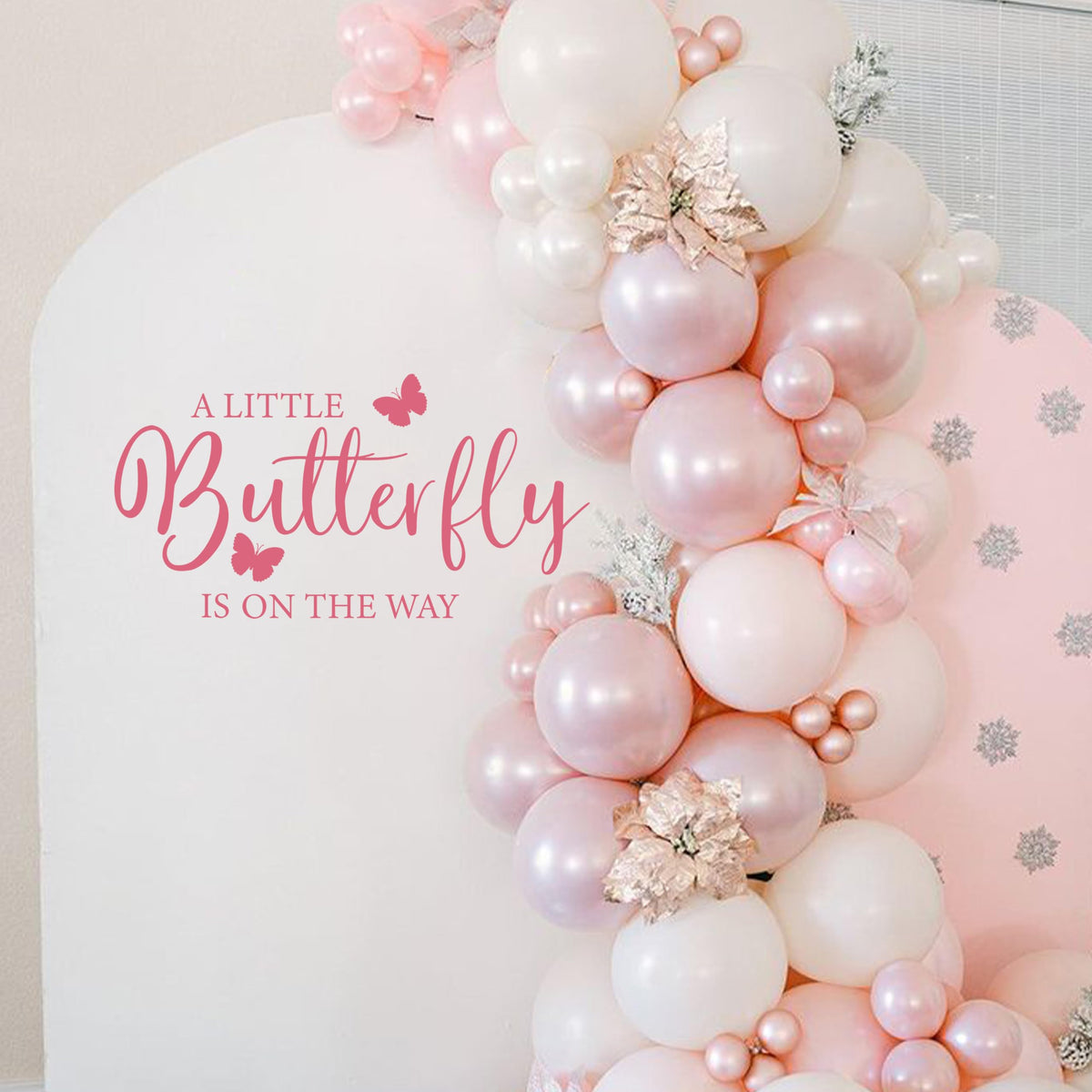 ZAIBIANHAO Little Butterfly arch sticker enhances baby shower backdrop with soft pink motif.