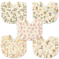 Zainpe 5Pcs snap muslin cotton bibs in pink rose design offer gentle drool protection during feeding.