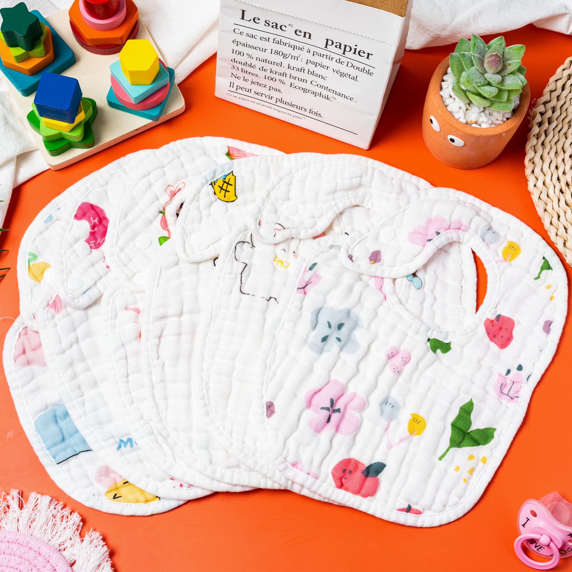 Zainpe peach pattern bib traps spills with six-layer absorbent cotton