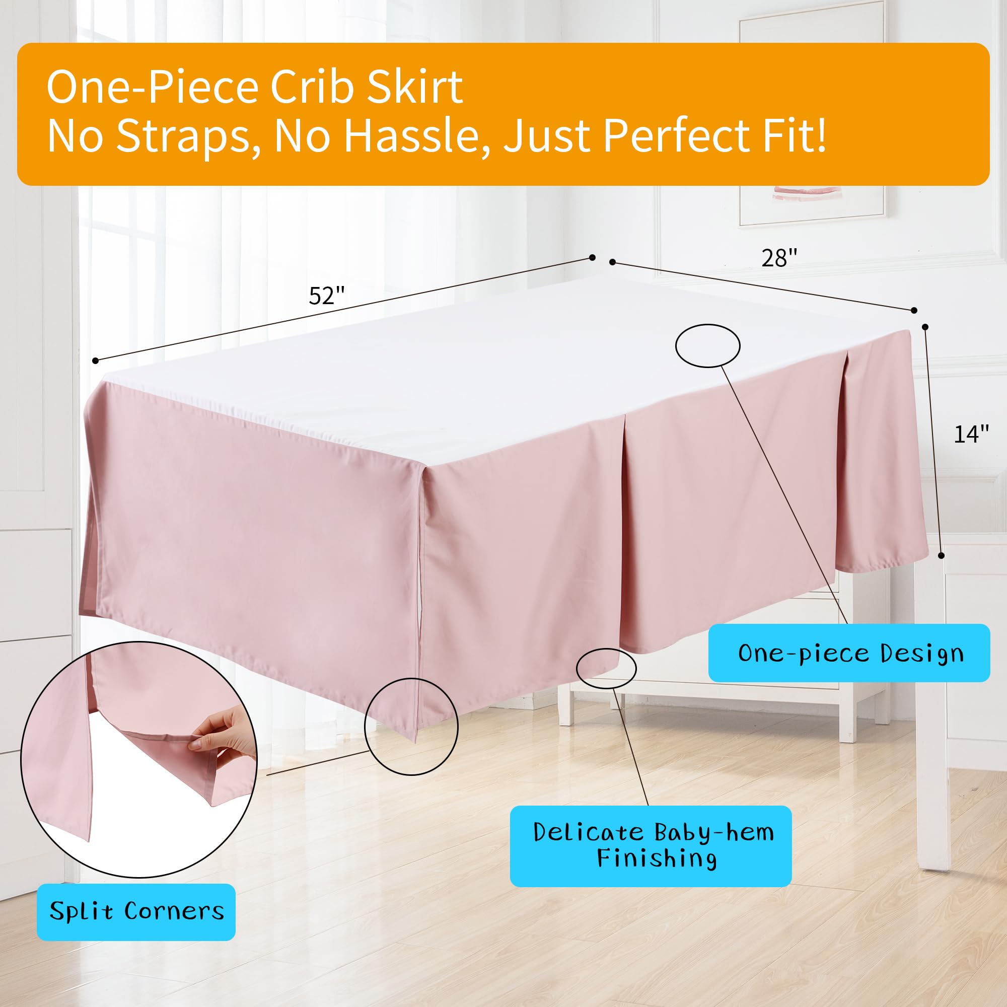 Zaizaihome crib bed skirt with 14-inch drop fits standard cribs securely.