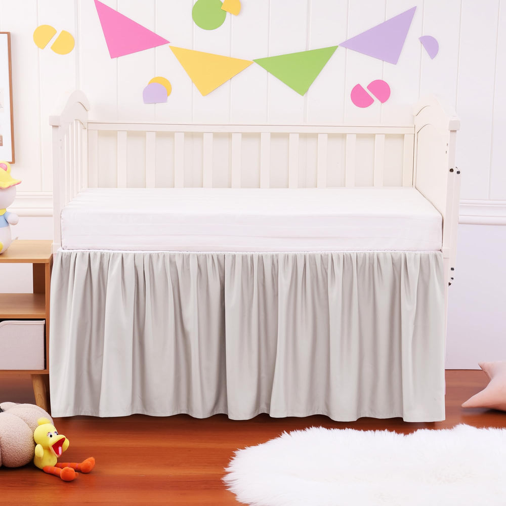 Zaizaihome crib skirt installation closeup shows effortless one-piece setup saving time.