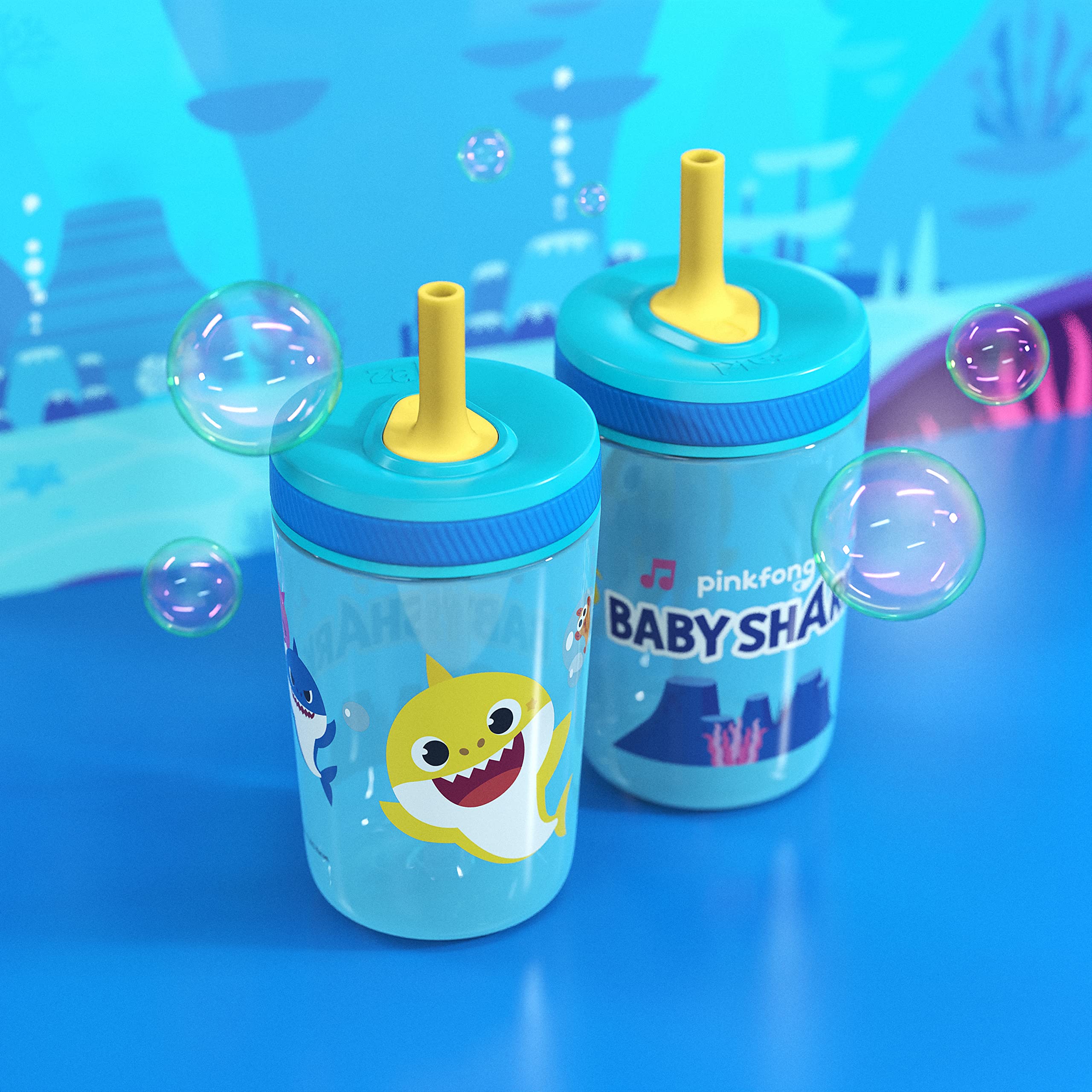 Zak Designs Baby Shark Kelso tumbler with leak-proof lid prevents spills during travel.