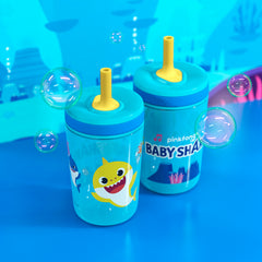 Zak Designs Baby Shark Kelso tumbler with leak-proof lid prevents spills during travel.