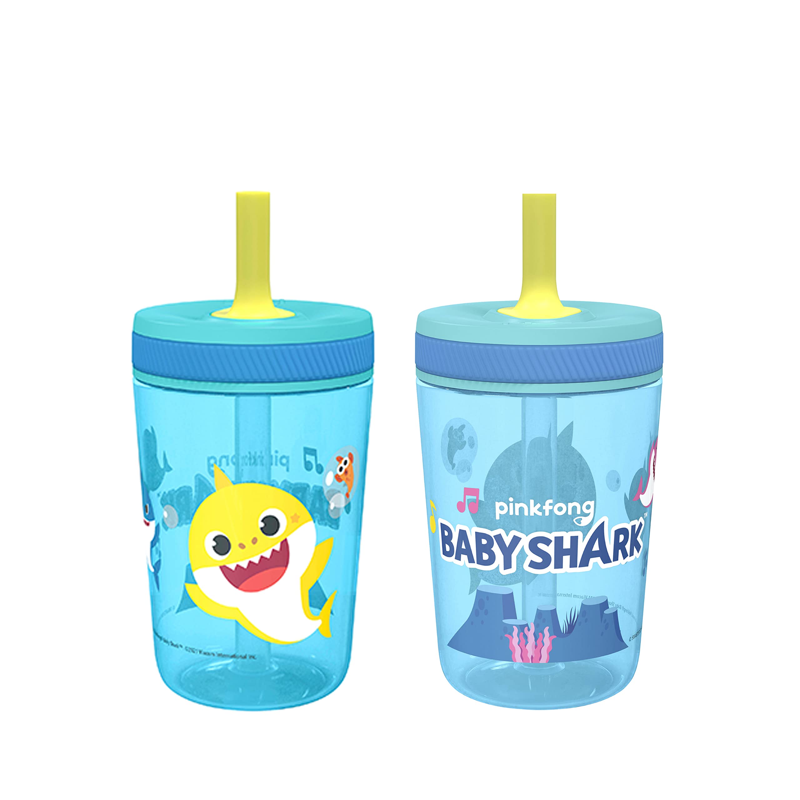 Zak Designs Baby Shark Kelso tumbler set held in hand for on-the-go hydration.