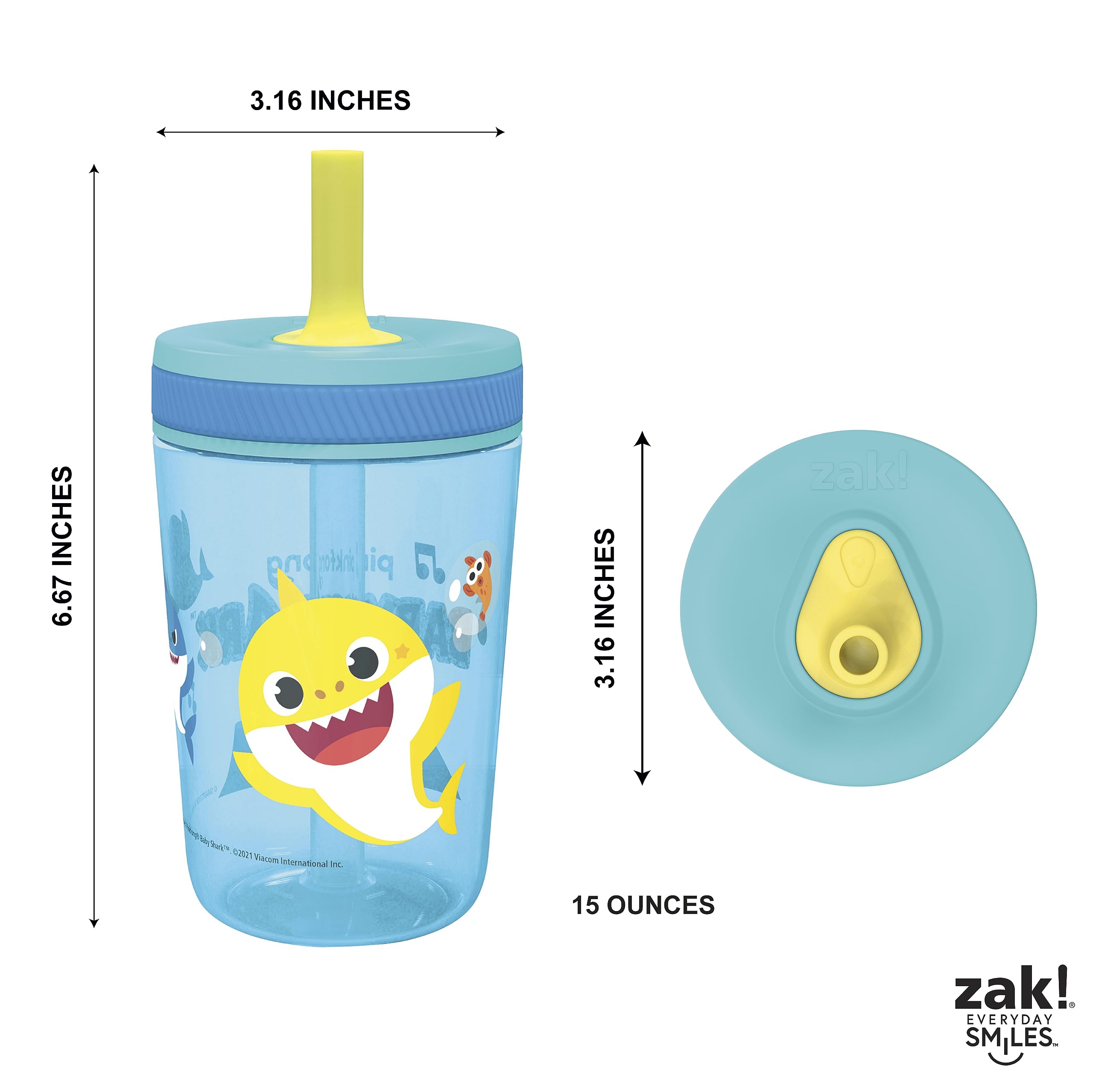 Zak Designs Baby Shark Kelso tumbler on table supports family hydration routines.