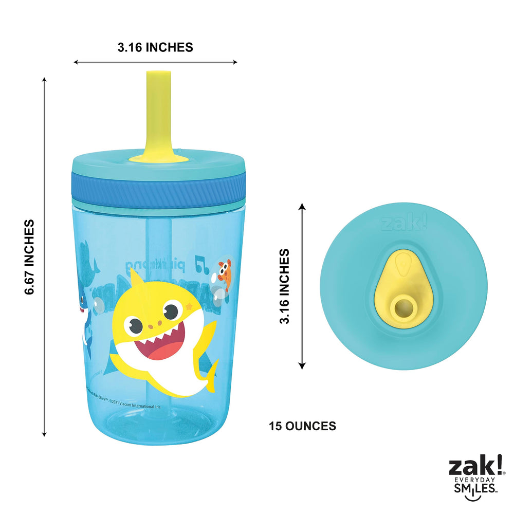 Zak Designs Baby Shark Kelso tumbler on table supports family hydration routines.
