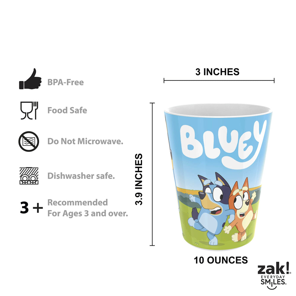 Zak Designs Bluey set highlighting durable plastic and stainless steel construction.