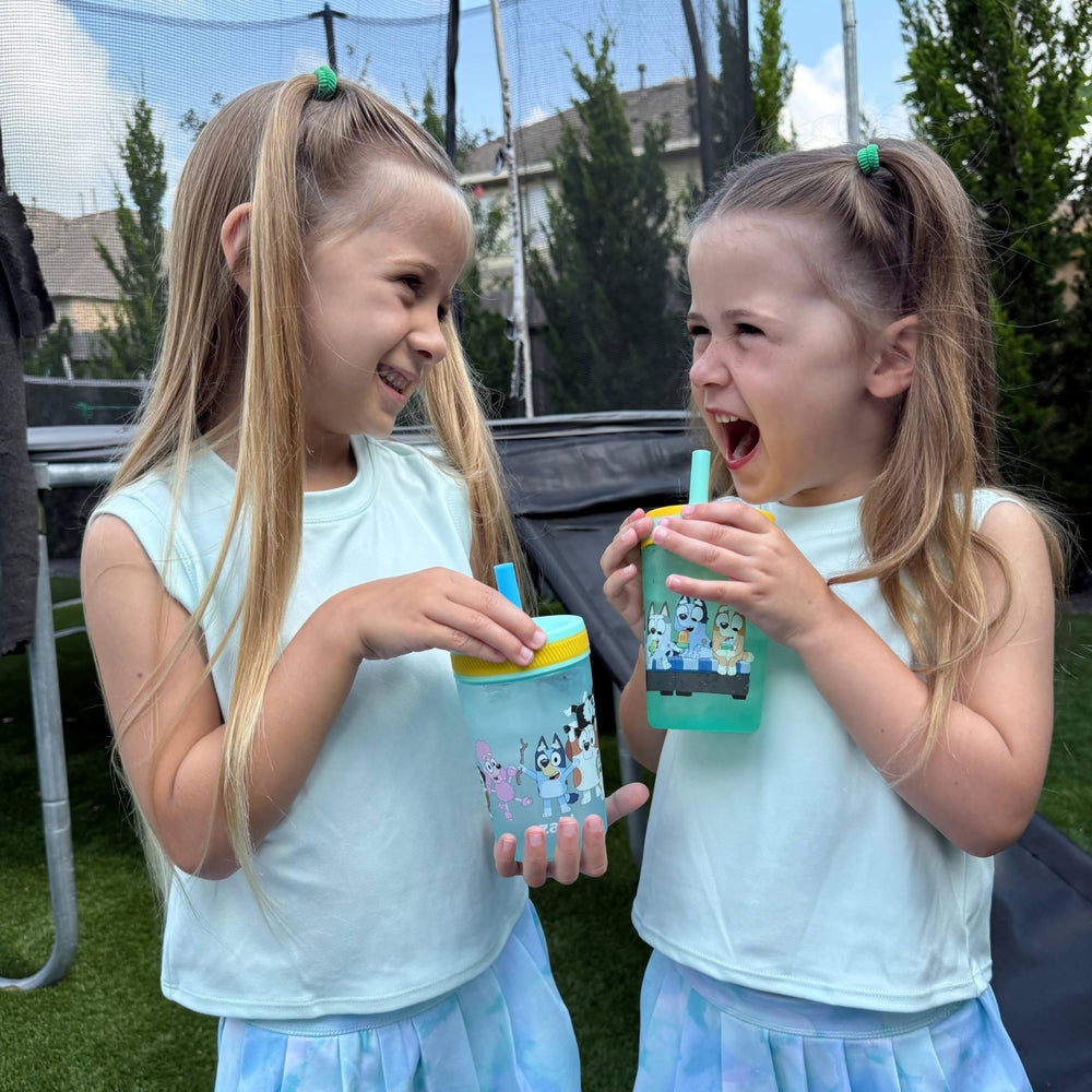 Zak Designs Bluey Kelso cups straw closeup highlighting silicone valve for spill-resistant sipping