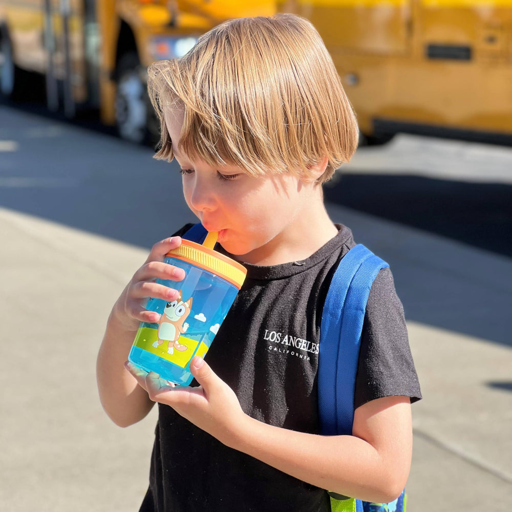 Zak Designs Bluey Kelso tumbler gift-ready packaging image.