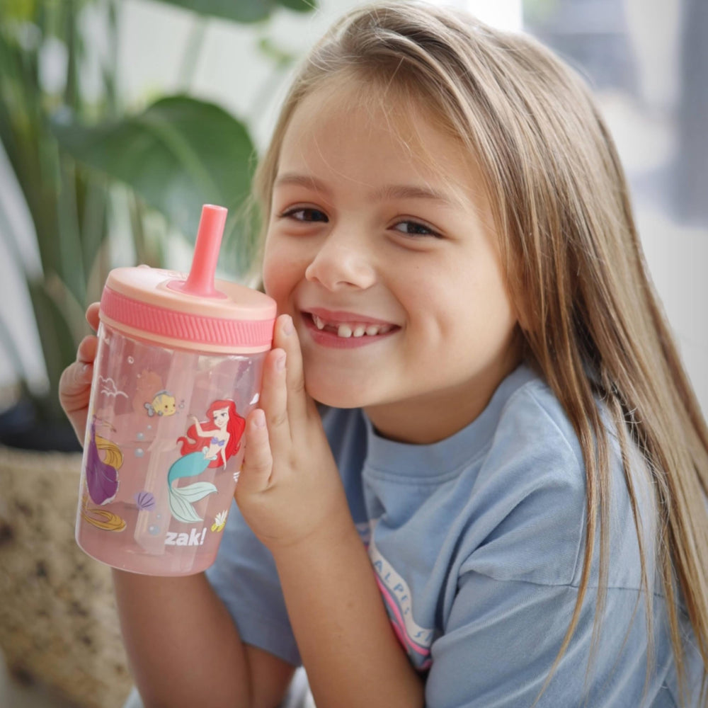 Zak Designs princess cups with silicone straw leak-proof valve showcased in close-up.