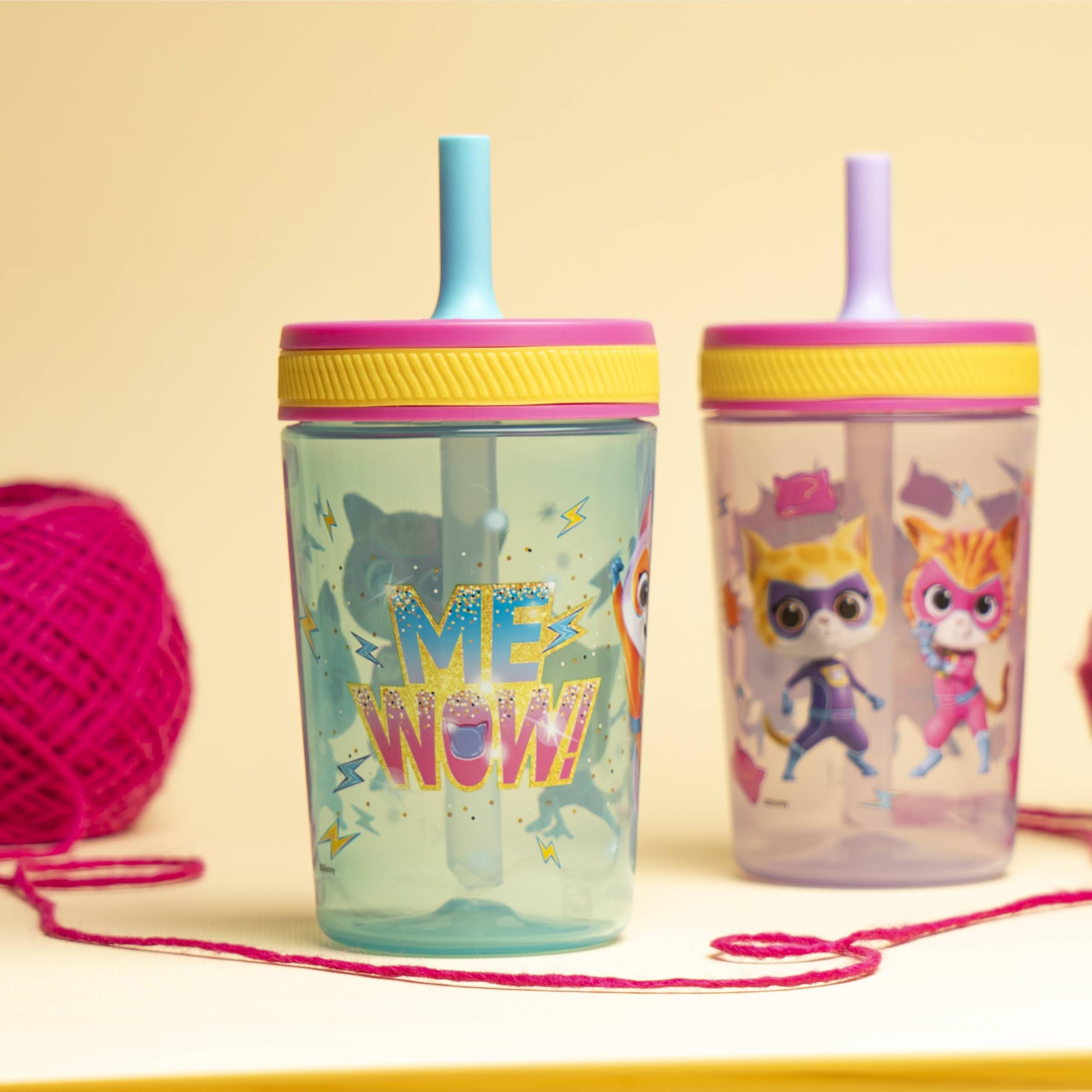 Zak Designs Disney SuperKitties Kelso toddler tumbler features soft silicone straw for gentle sipping