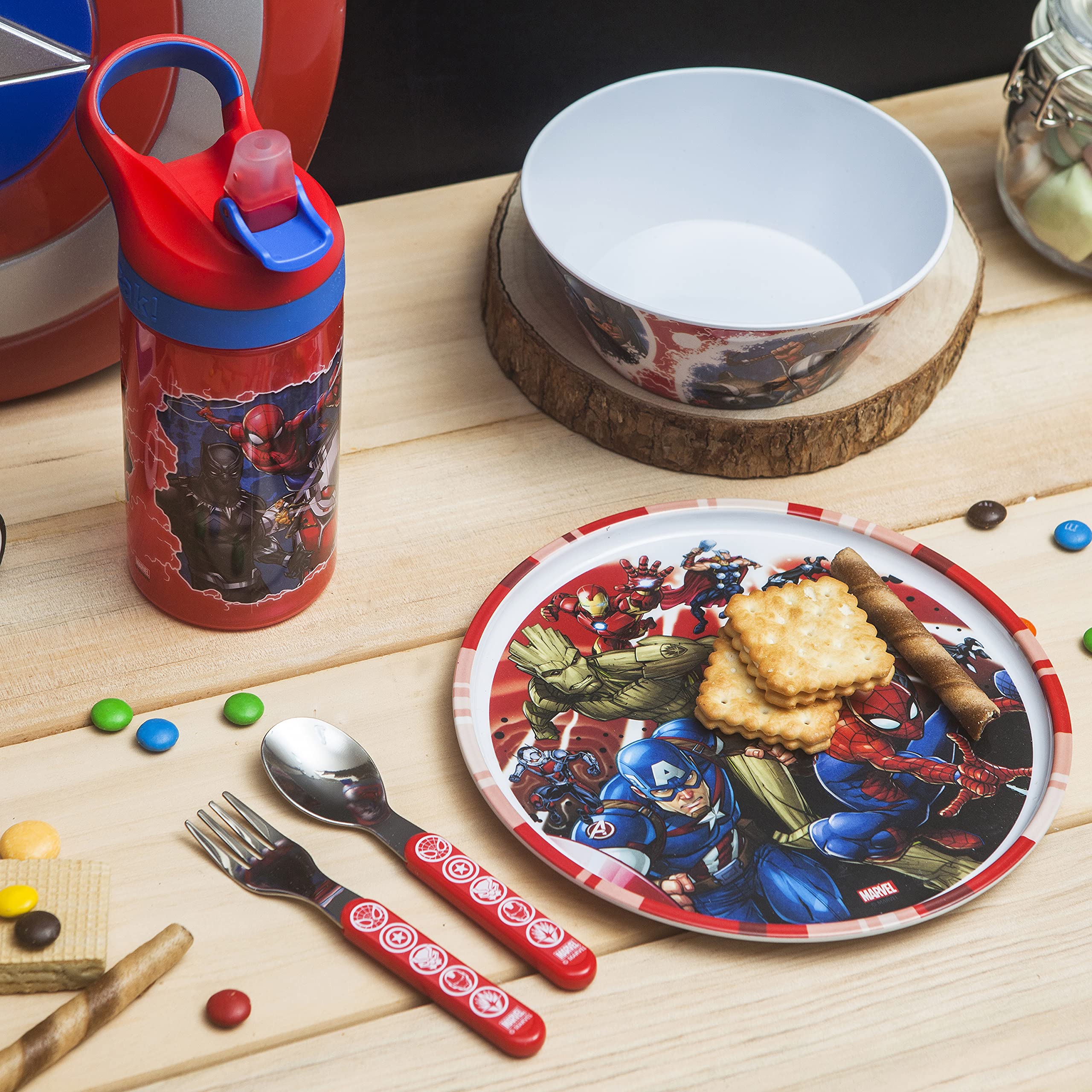 Zak Designs Marvel dishware durability with melamine and stainless accents.