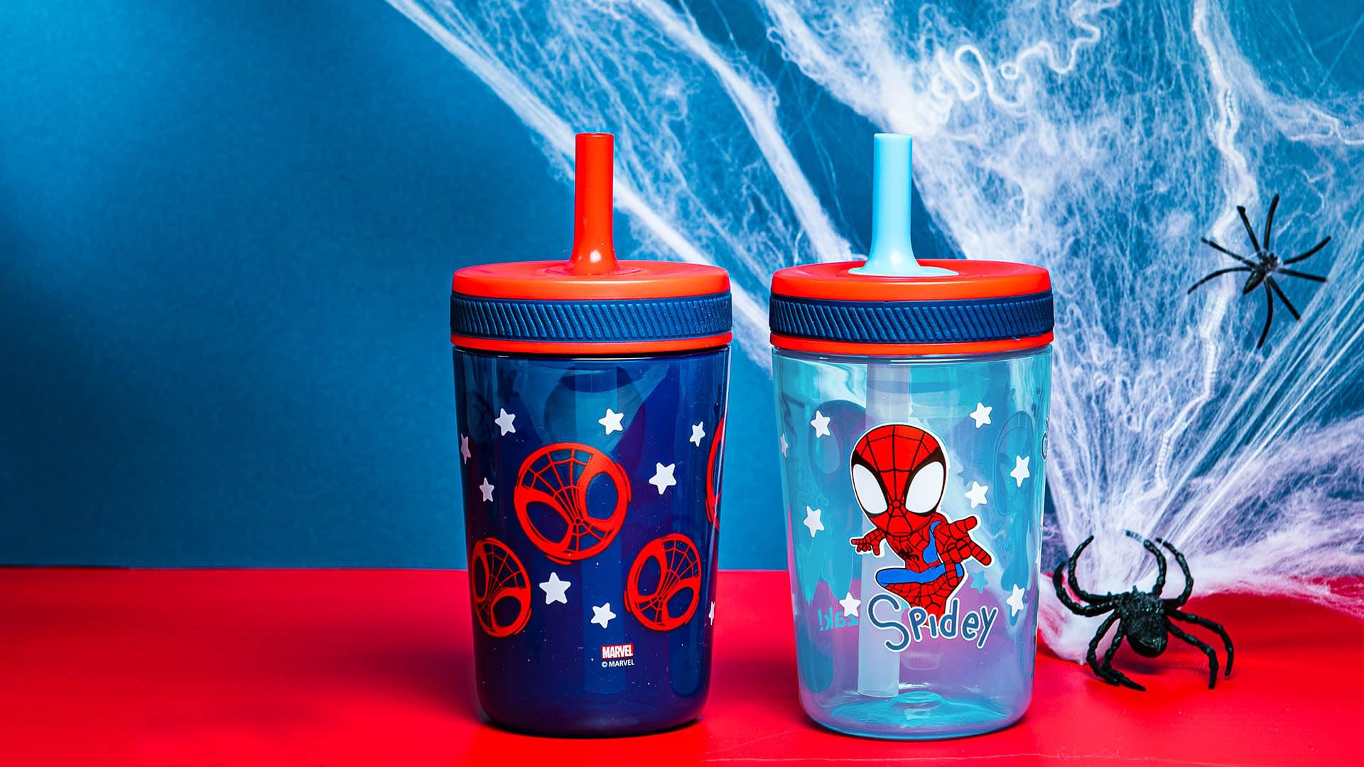 Zak Designs Marvel Spider-Man Kelso cup with silicone straw ready for sipping.