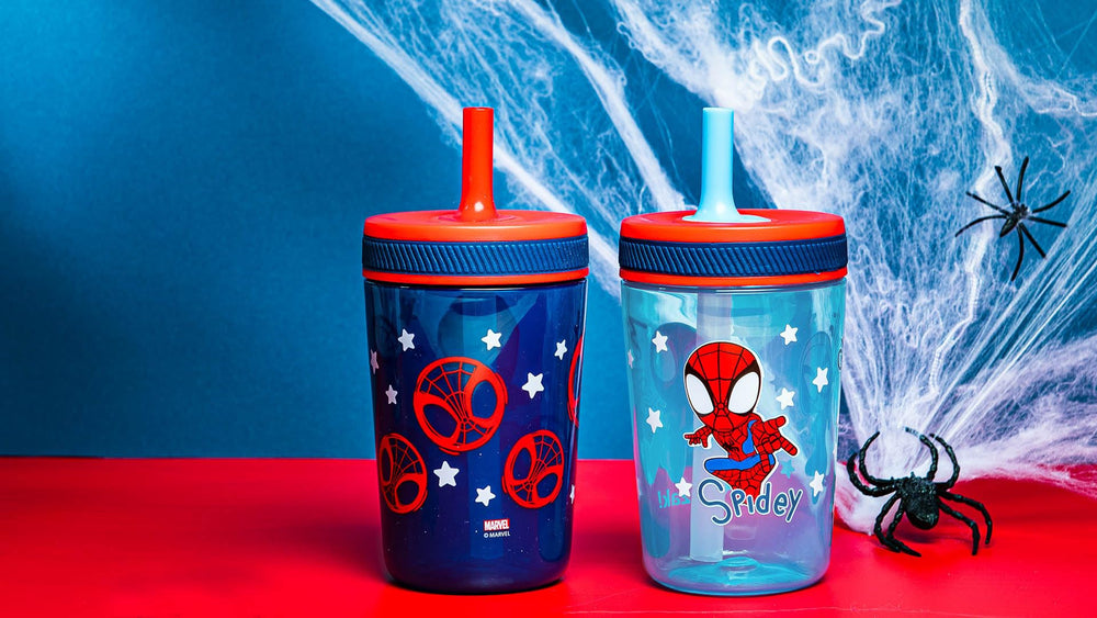 Zak Designs Marvel Spider-Man Kelso cup with silicone straw ready for sipping.