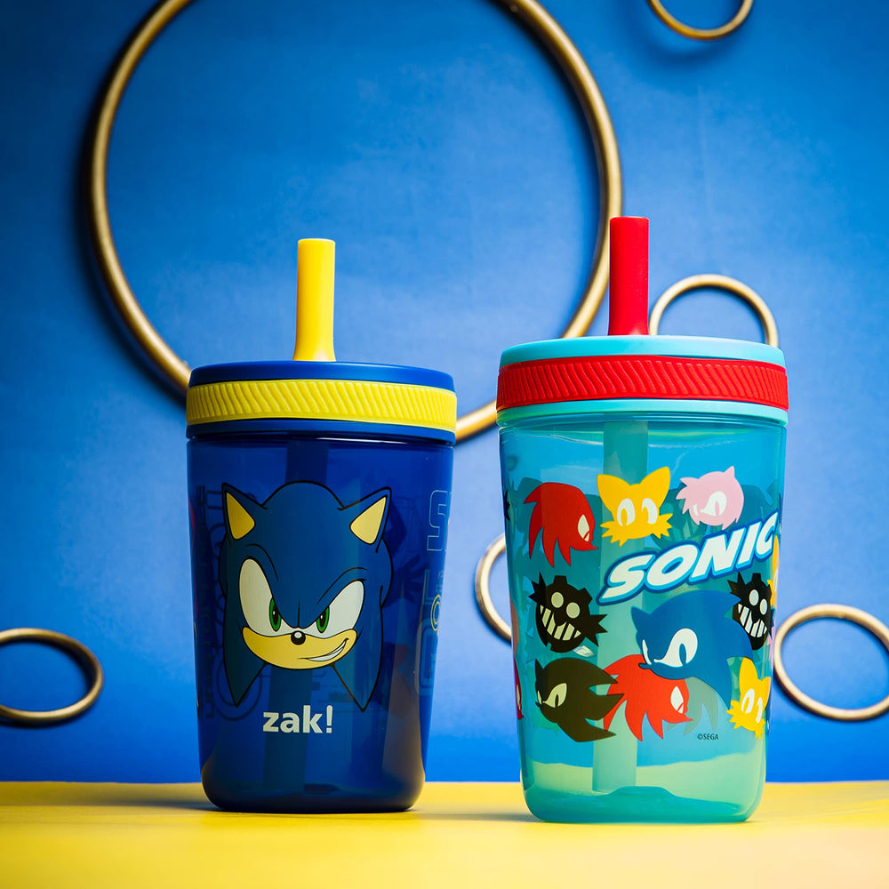 Zak Designs Sonic toddler cups two-pack close-up straw highlights soft silicone straw for easy sipping