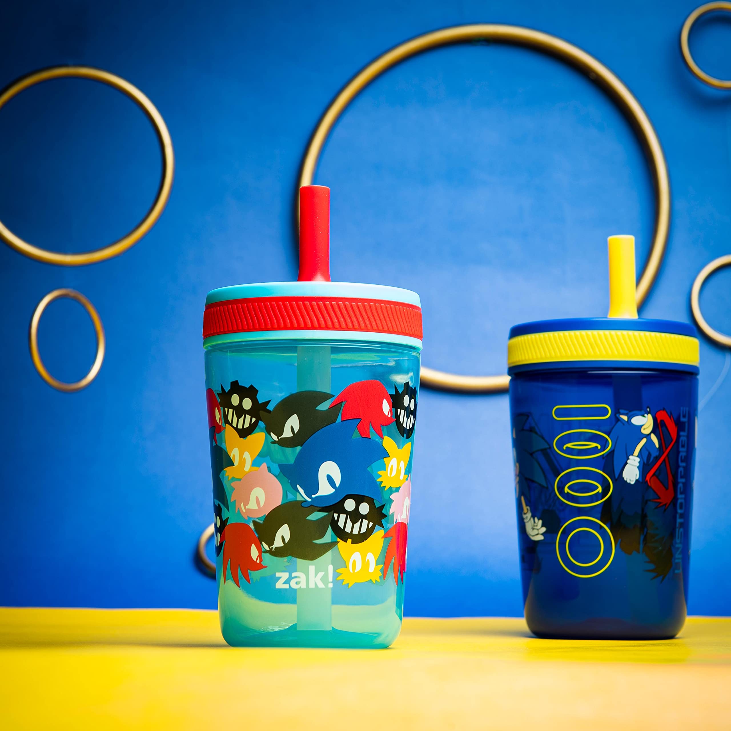 Zak Designs Sonic toddler cups two-pack leak-proof design close-up demonstrates spill prevention during play