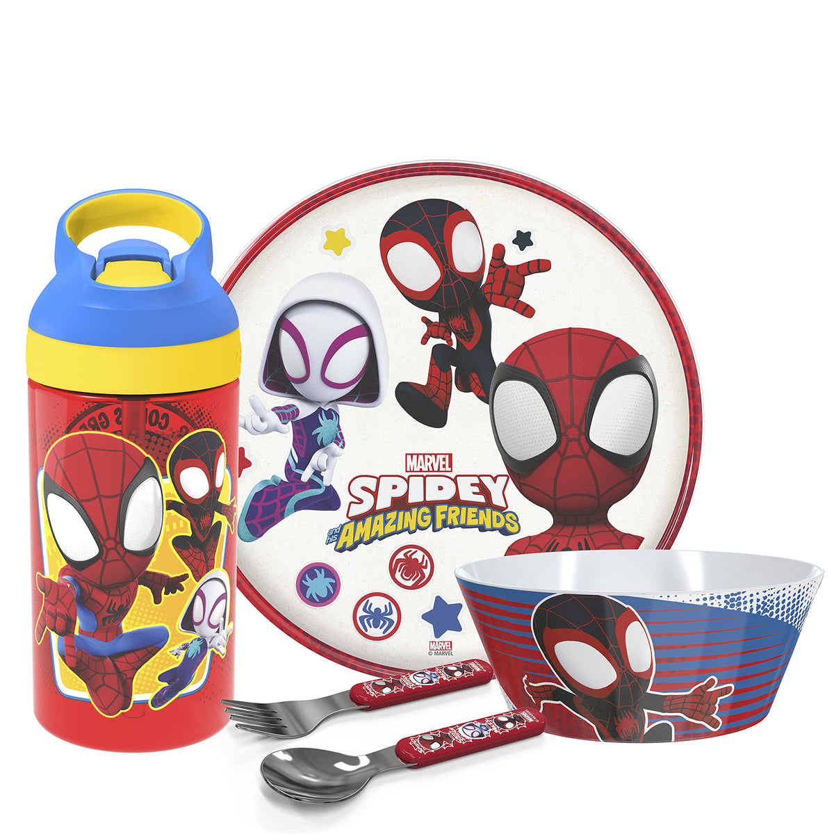 Zak Designs Marvel Spidey water bottle with straw for easy, spill-free sipping.