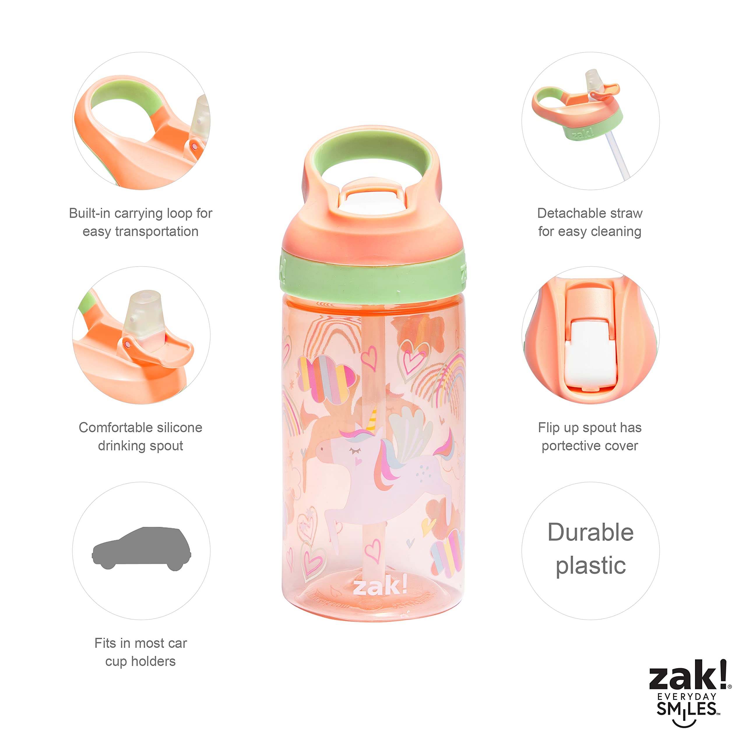 Zak Designs Unicorn dinnerware set display shows durable plastic and stainless steel blend