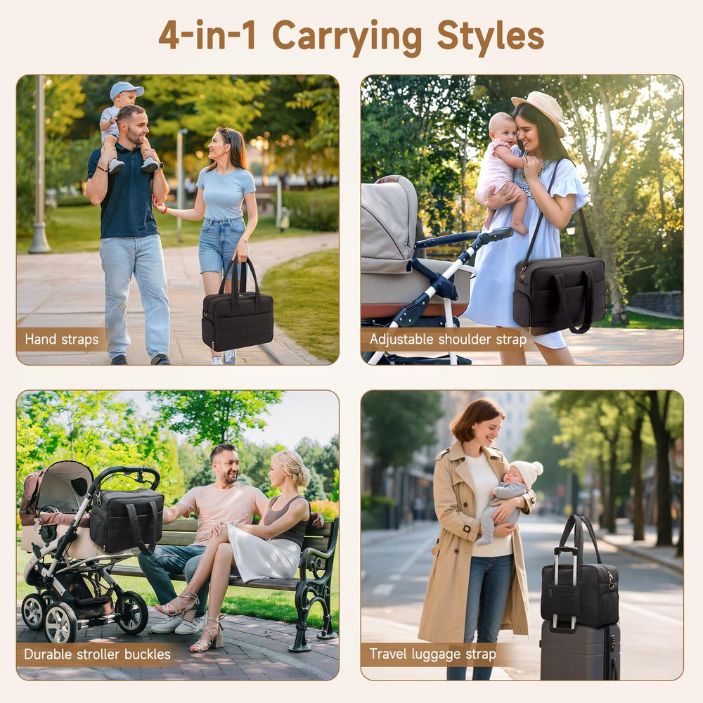 Zalirium breast pump bag with stroller straps demonstrated for hands-free parenting on outings.