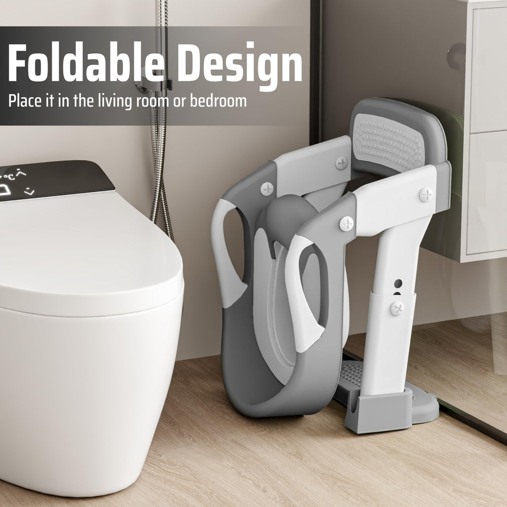 Zamno white-gray design focus demonstrates stylish, hygienic potty seat for modern bathrooms.