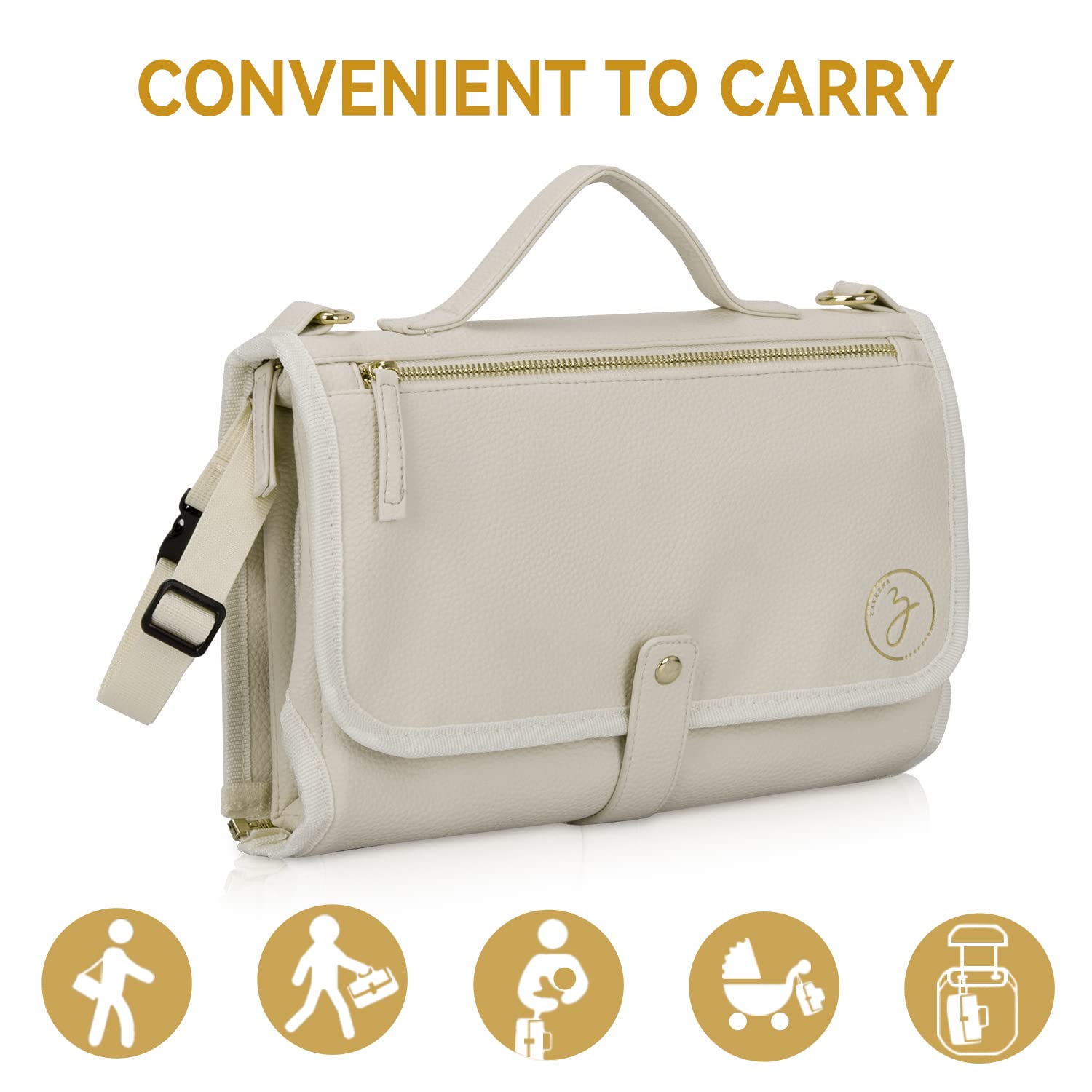 Zaveena cream changing pad compact in diaper bag for quick changes.