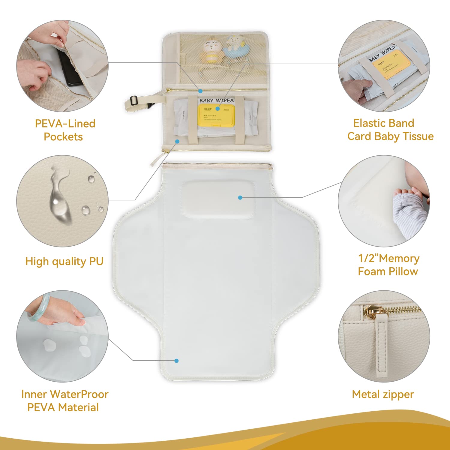 Zaveena cream pad with pockets keeps wipes and diapers organized.