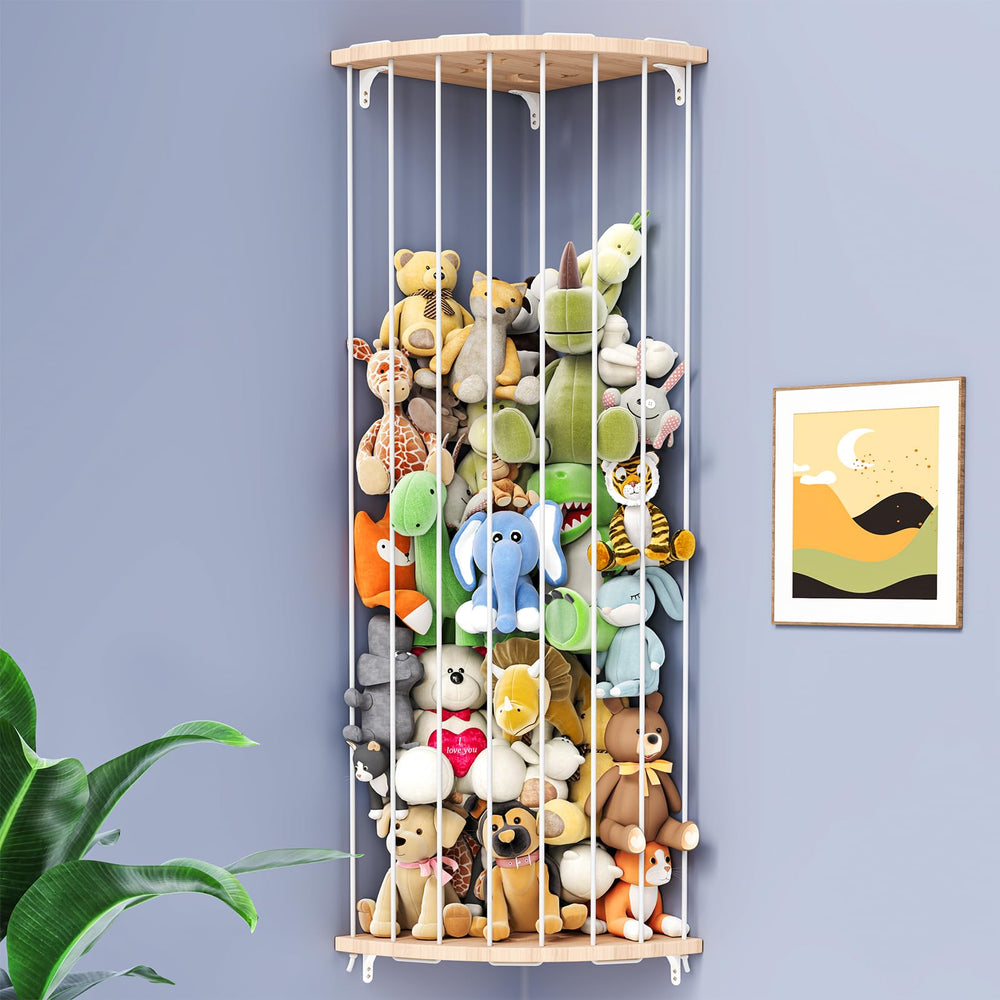 Zayysoha stuffed animal storage organizer on wooden corner hammock mounted for clutter-free playroom.
