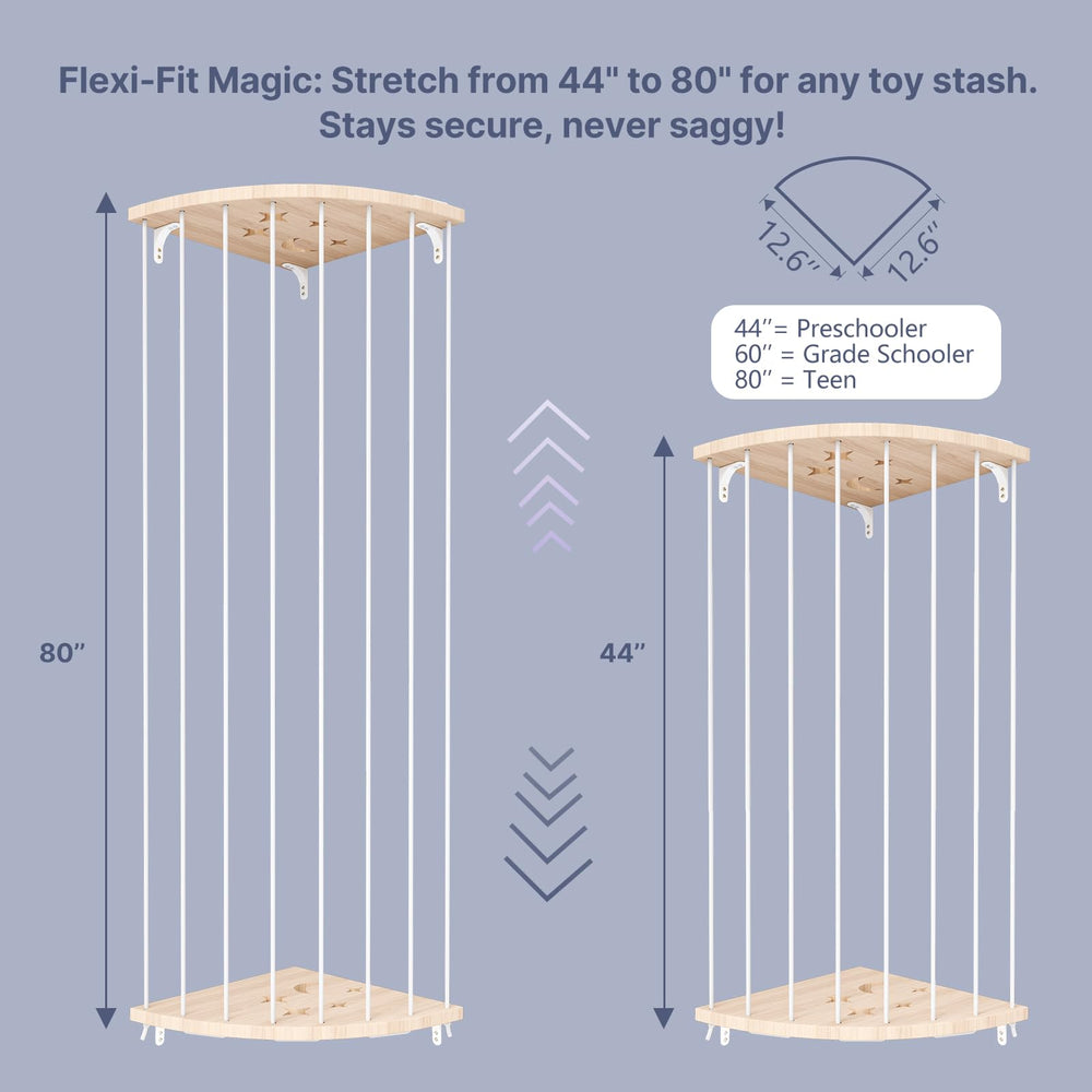 Zayysoha wooden shelf closeup shows durable pine construction for plush toys.