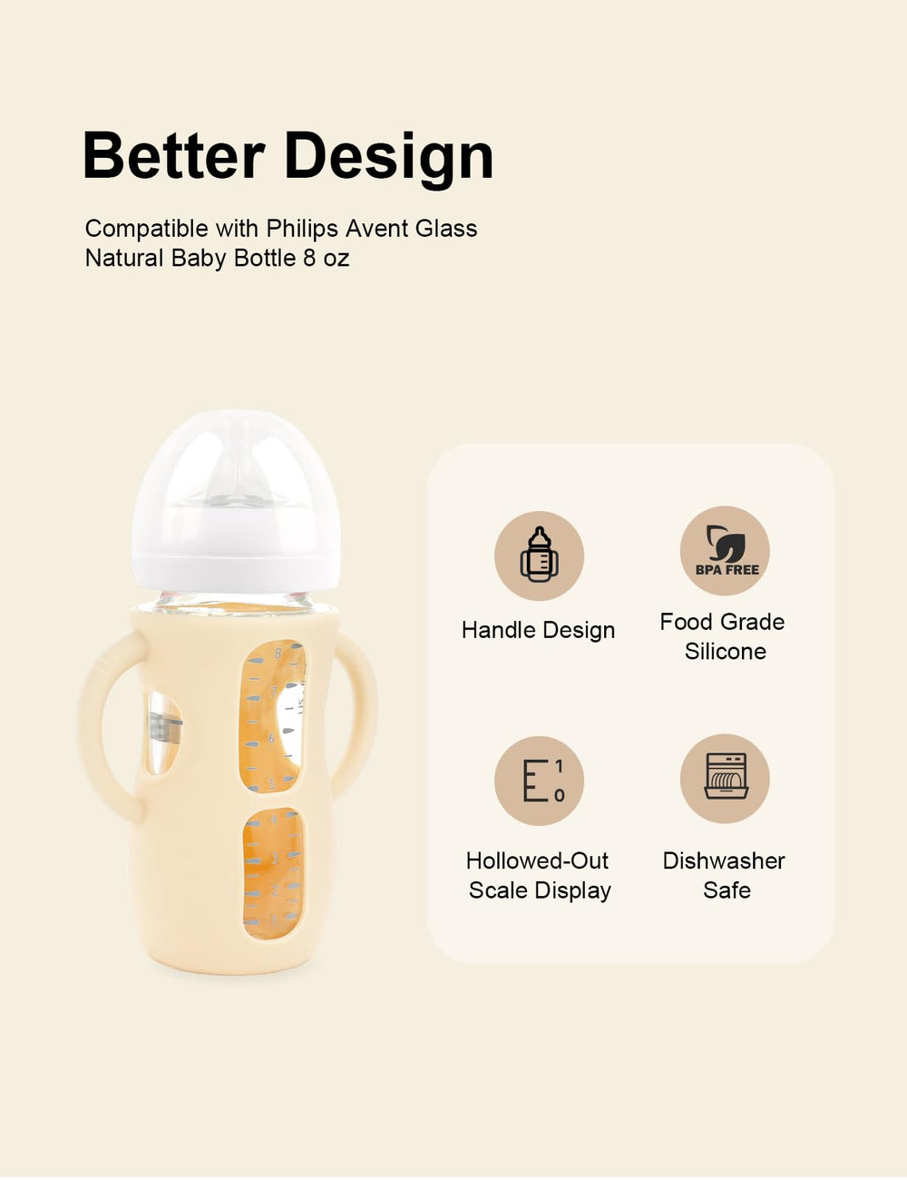ZCH silicone sleeve on Philips Avent 8oz glass bottle keeps milk warm safely.